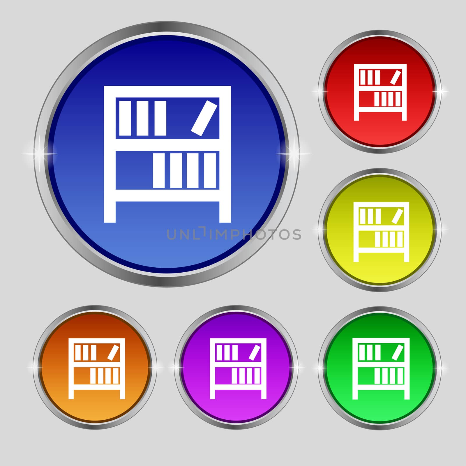 Bookshelf icon sign. Round symbol on bright colourful buttons.  by serhii_lohvyniuk