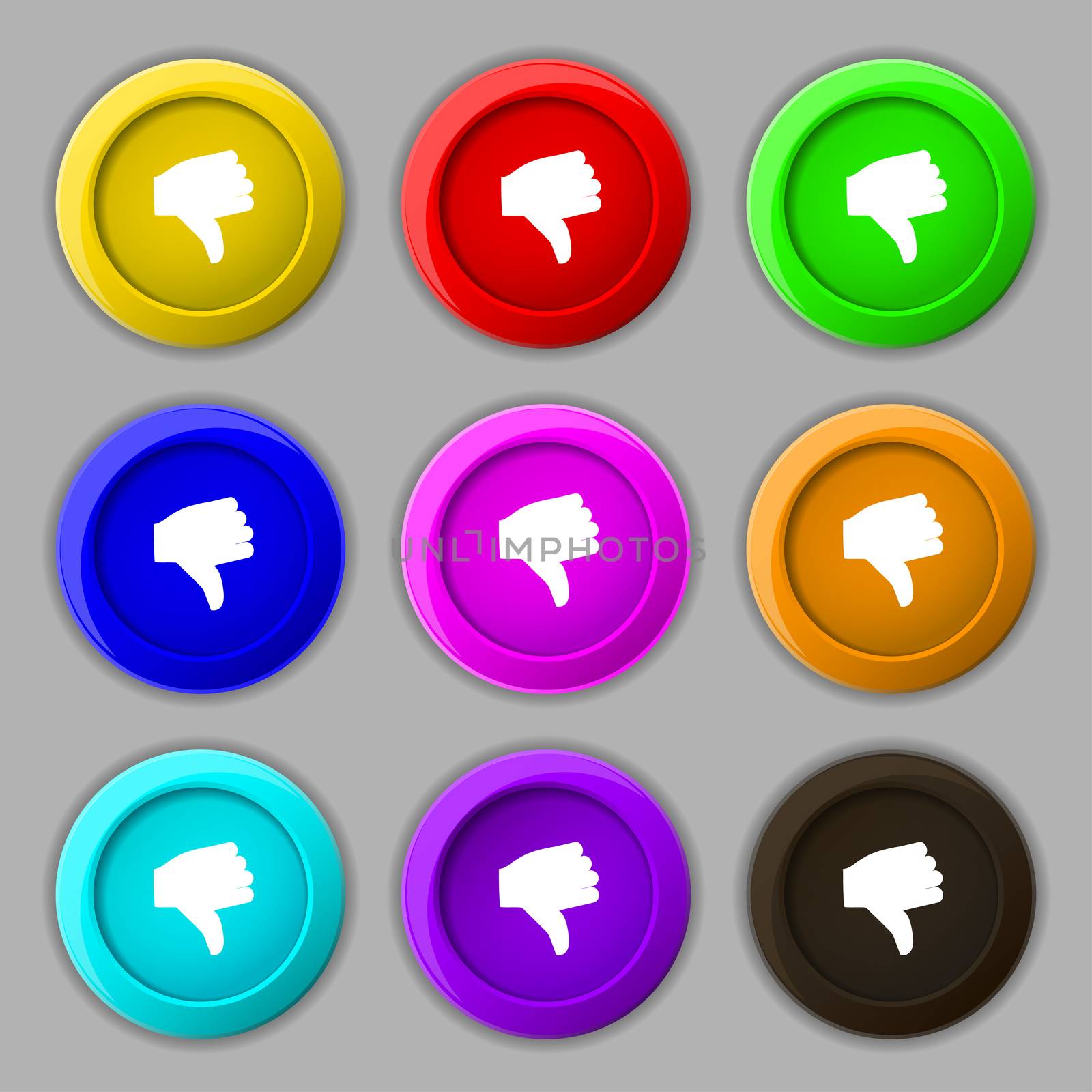 Dislike, Thumb down icon sign. symbol on nine round colourful buttons.  by serhii_lohvyniuk