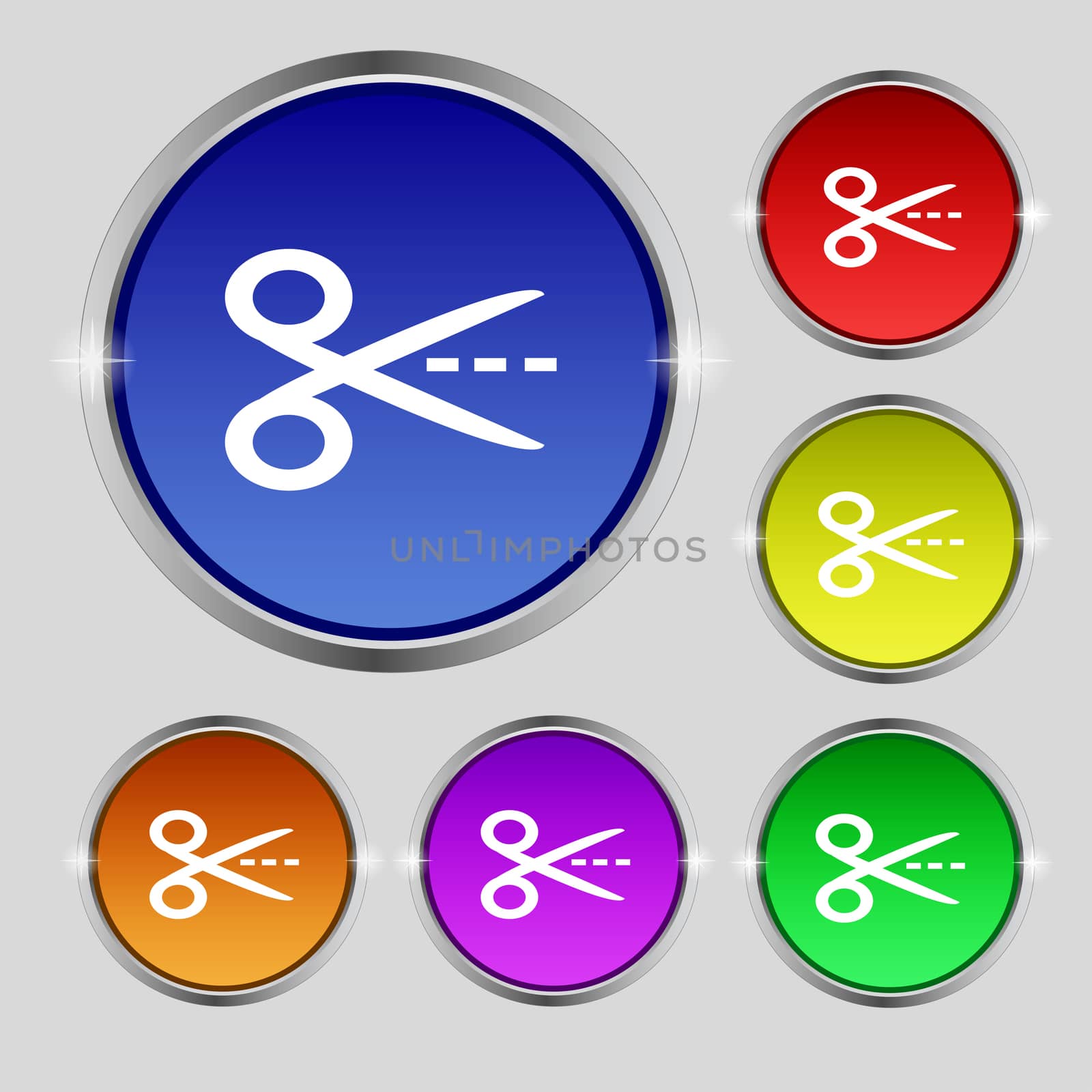 Scissors with cut dash dotted line sign icon. Tailor symbol. Set of colored buttons.  by serhii_lohvyniuk