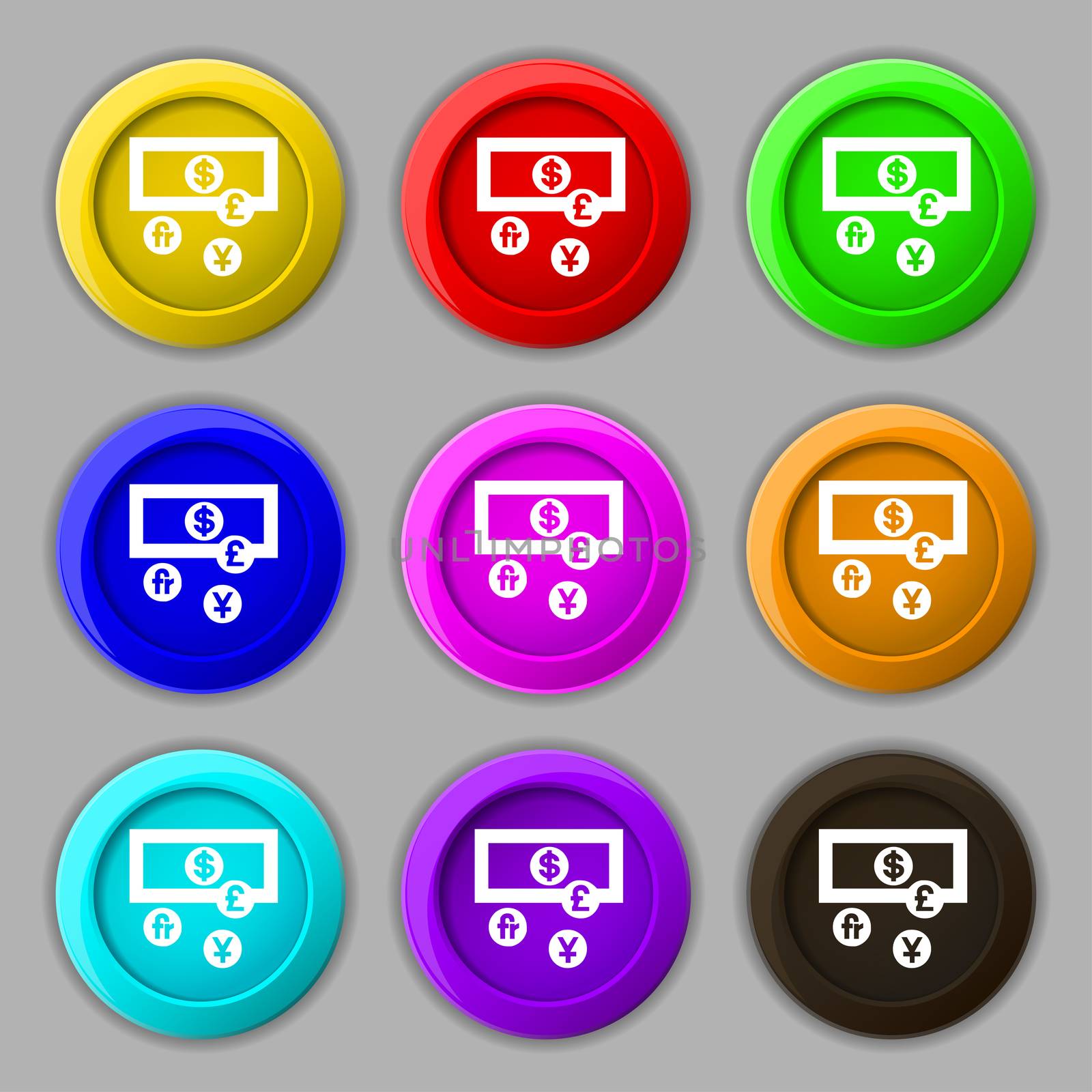 currencies of the world icon sign. symbol on nine round colourful buttons.  by serhii_lohvyniuk