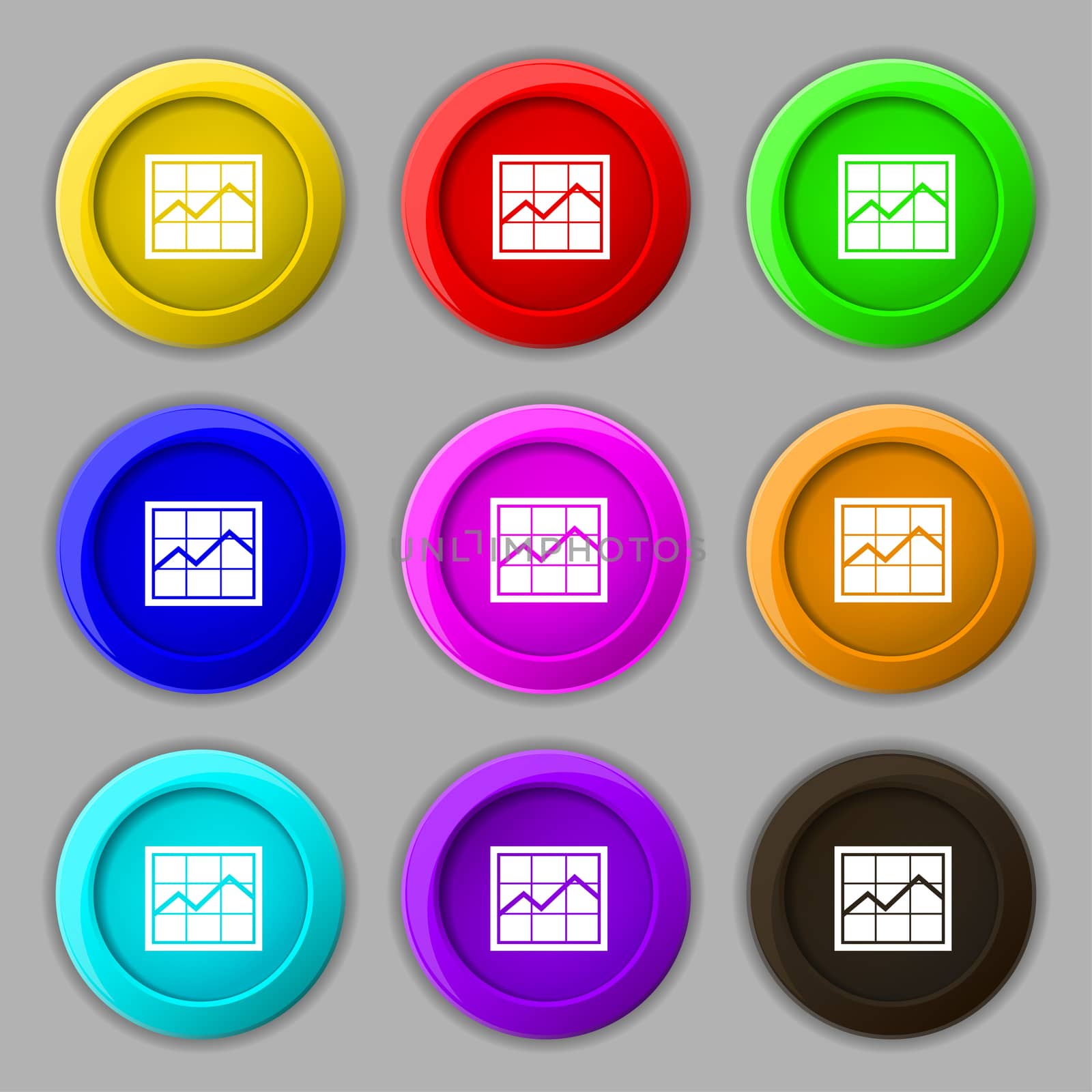 Chart icon sign. symbol on nine round colourful buttons.  by serhii_lohvyniuk