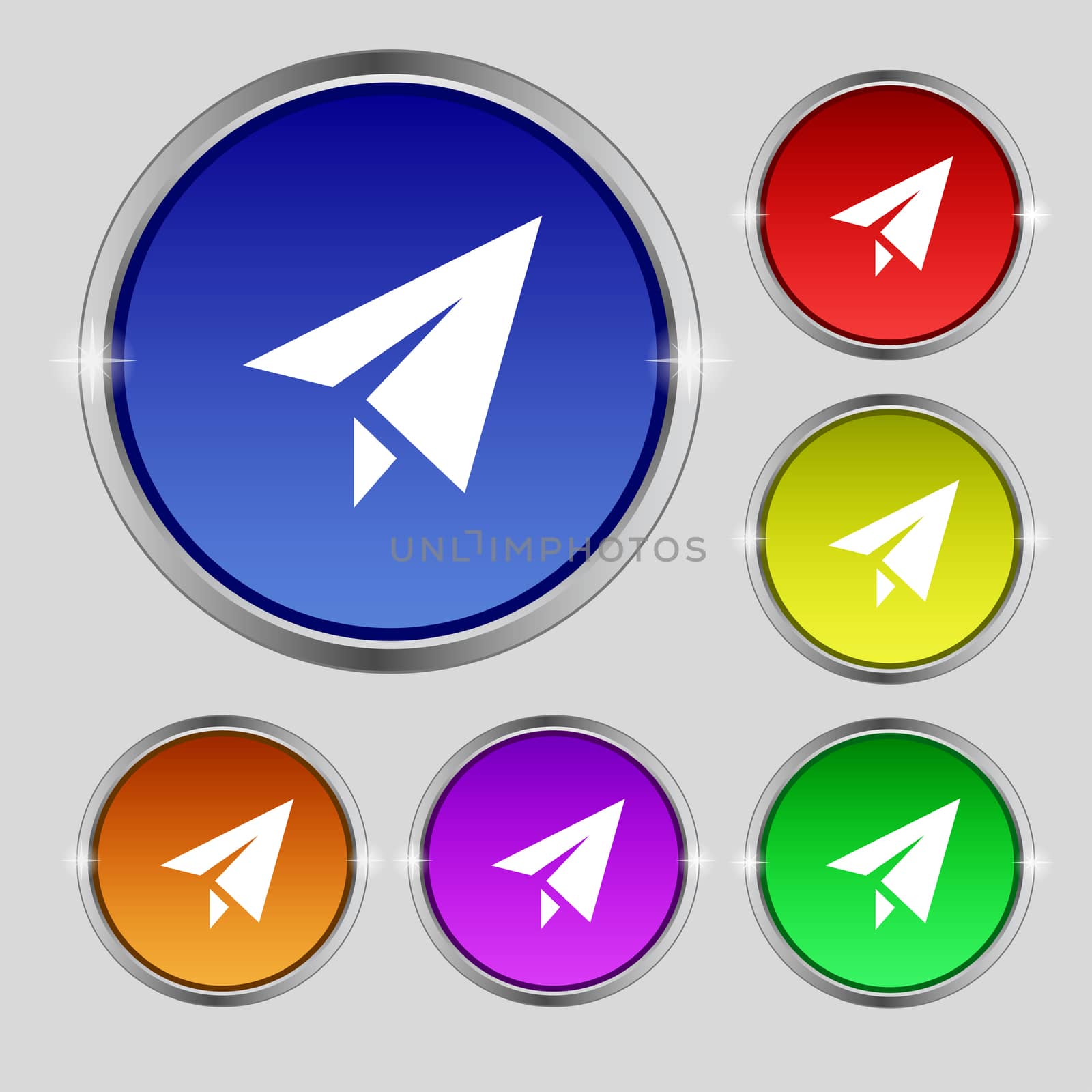 Paper airplane icon sign. Round symbol on bright colourful buttons. illustration