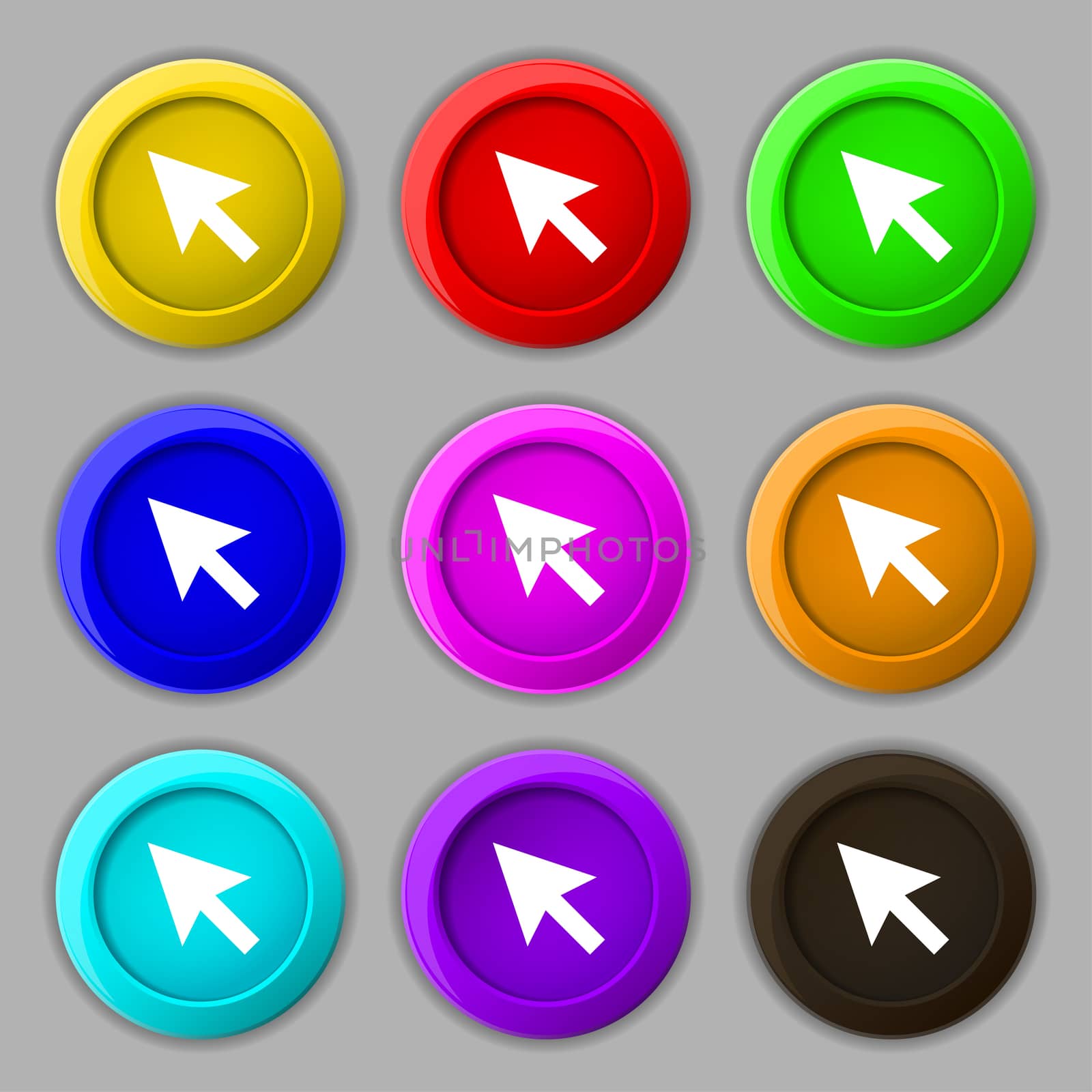 arrow cursor, computer mouse icon sign. symbol on nine round colourful buttons.  by serhii_lohvyniuk