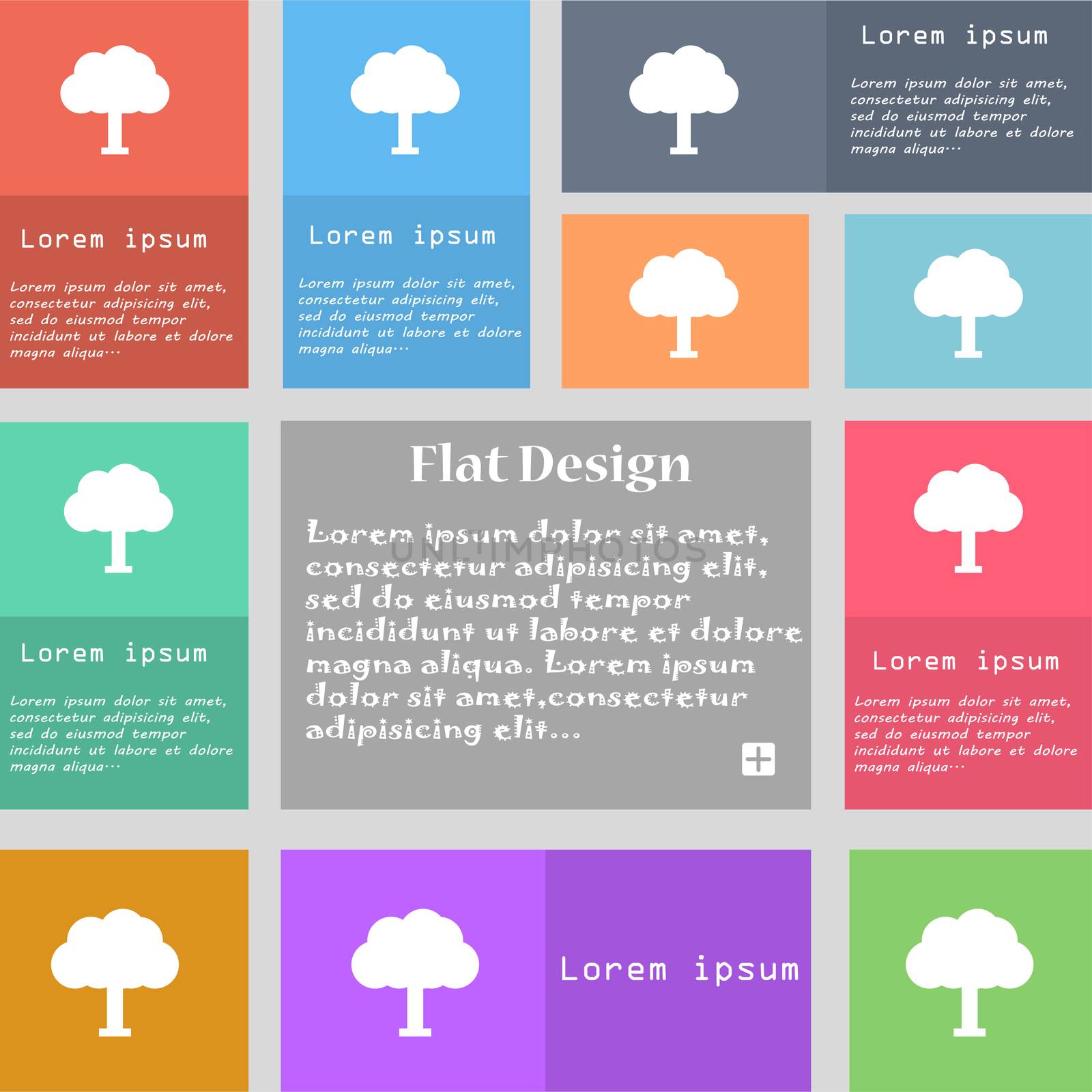 Tree, Forest icon sign. Set of multicolored buttons. Metro style with space for text. The Long Shadow  by serhii_lohvyniuk