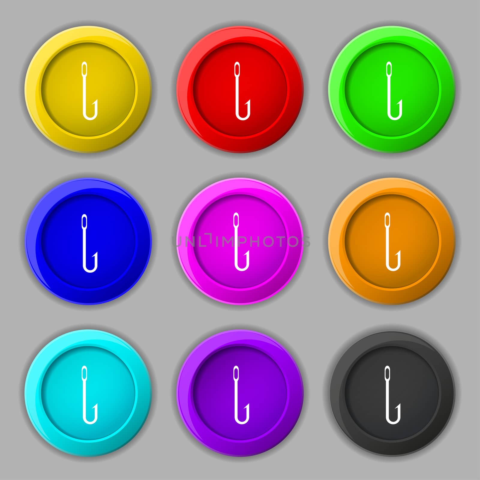 Fishing hook icon sign. symbol on nine round colourful buttons. illustration