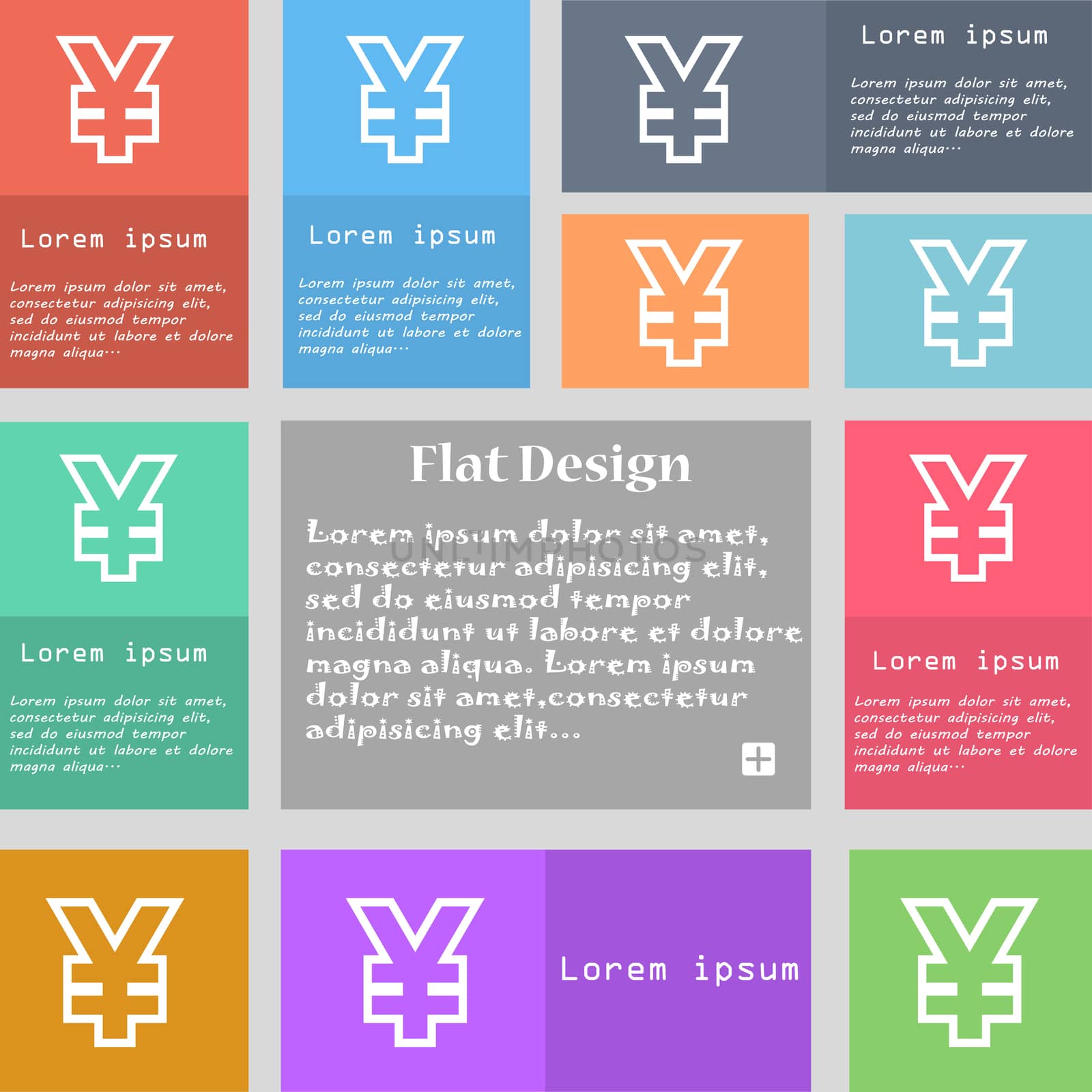 Yen JPY icon sign. Set of multicolored buttons with space for text.  by serhii_lohvyniuk