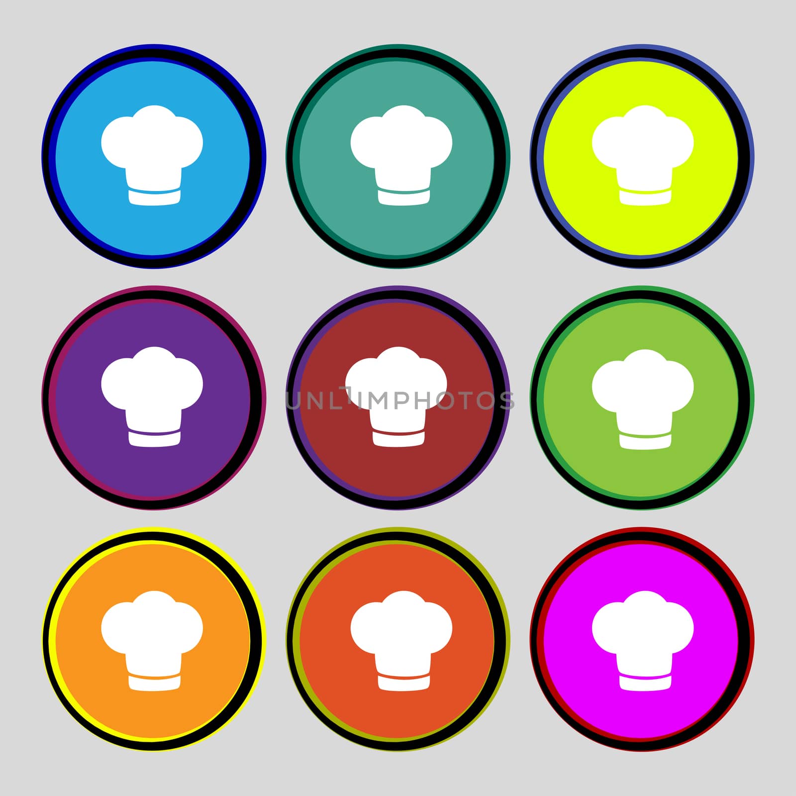 Chef hat sign icon. Cooking symbol. Cooks hat. Set colourful buttons  by serhii_lohvyniuk