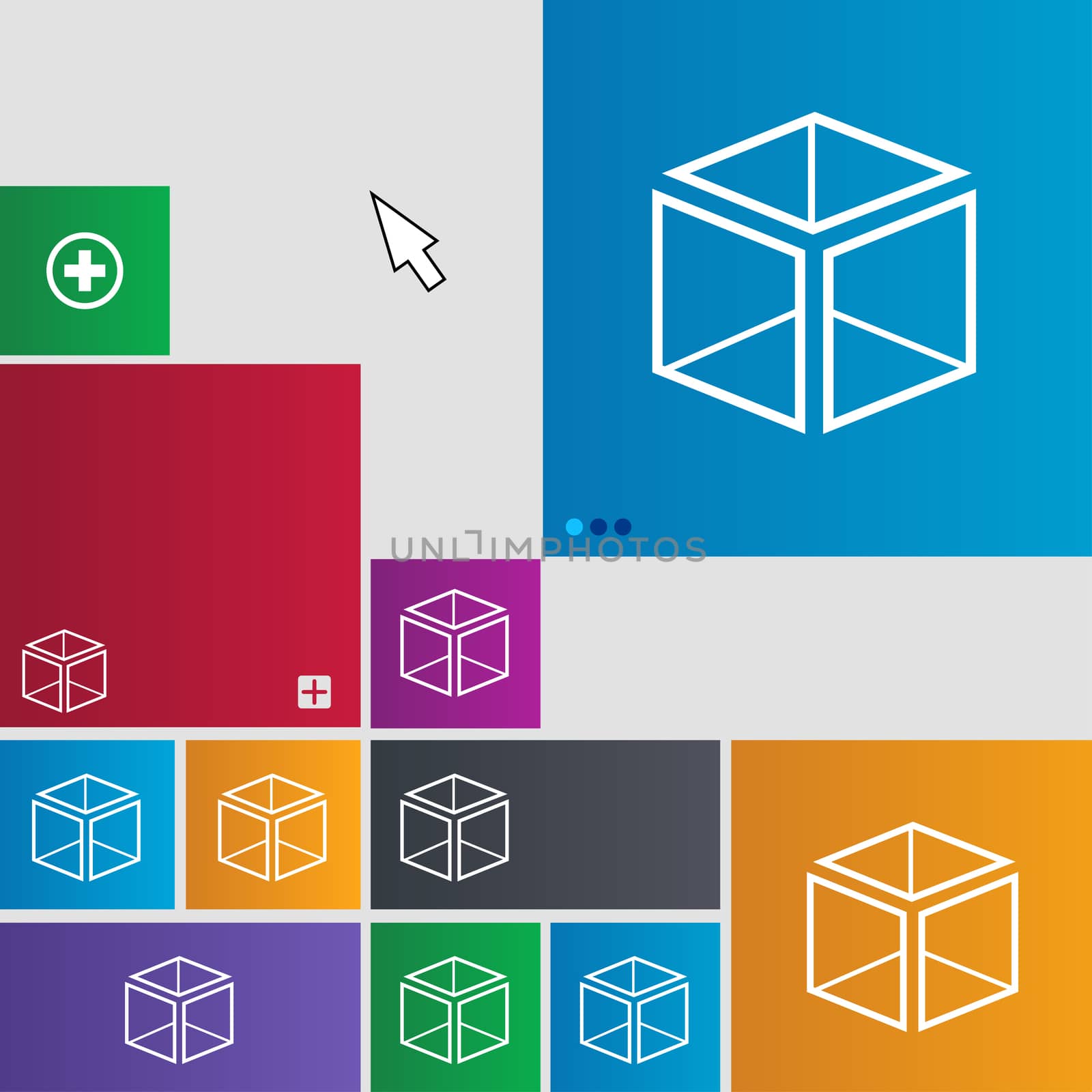 3d cube icon sign. Metro style buttons. Modern interface website buttons with cursor pointer.  by serhii_lohvyniuk