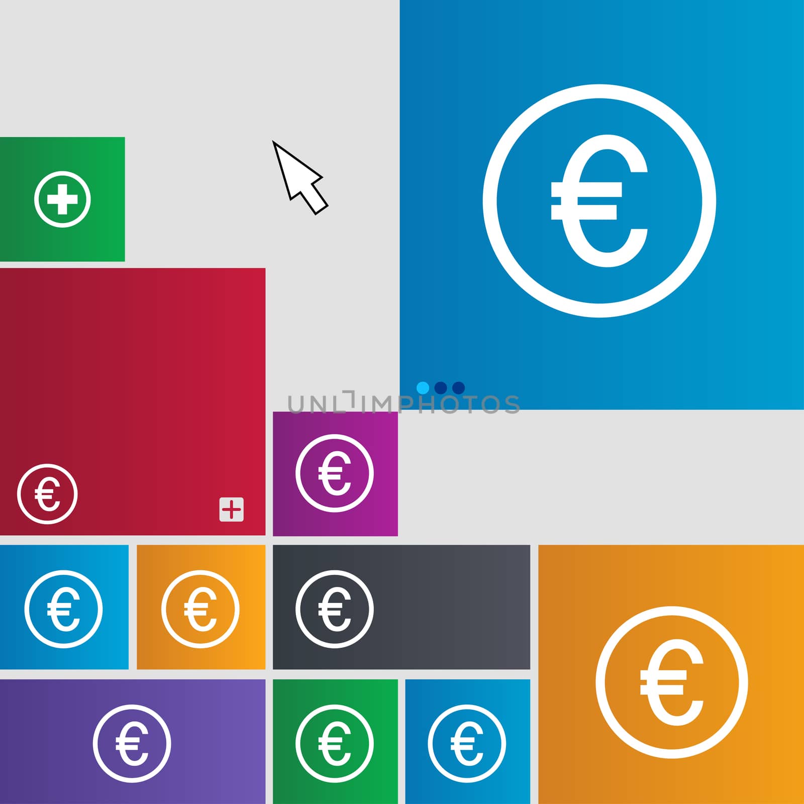 Euro icon sign. Metro style buttons. Modern interface website buttons with cursor pointer.  by serhii_lohvyniuk