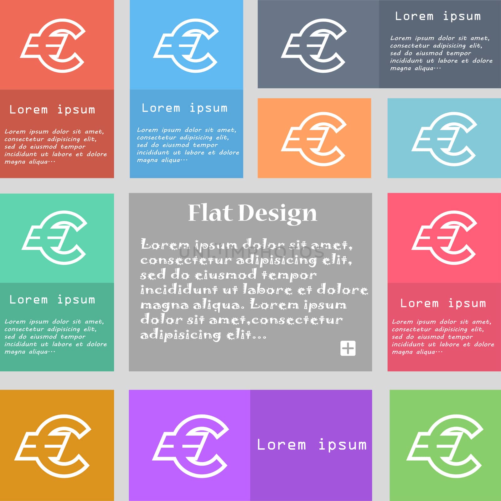 Euro EUR icon sign. Set of multicolored buttons with space for text.  by serhii_lohvyniuk