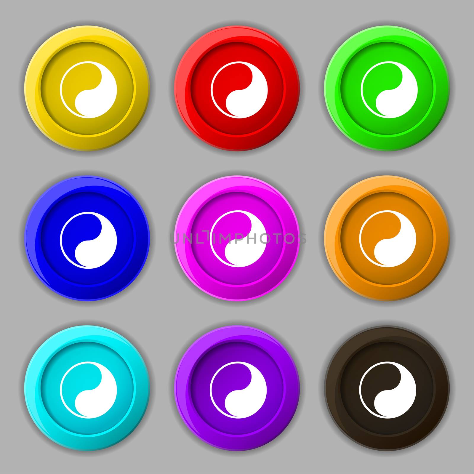 Yin Yang icon sign. symbol on nine round colourful buttons.  by serhii_lohvyniuk
