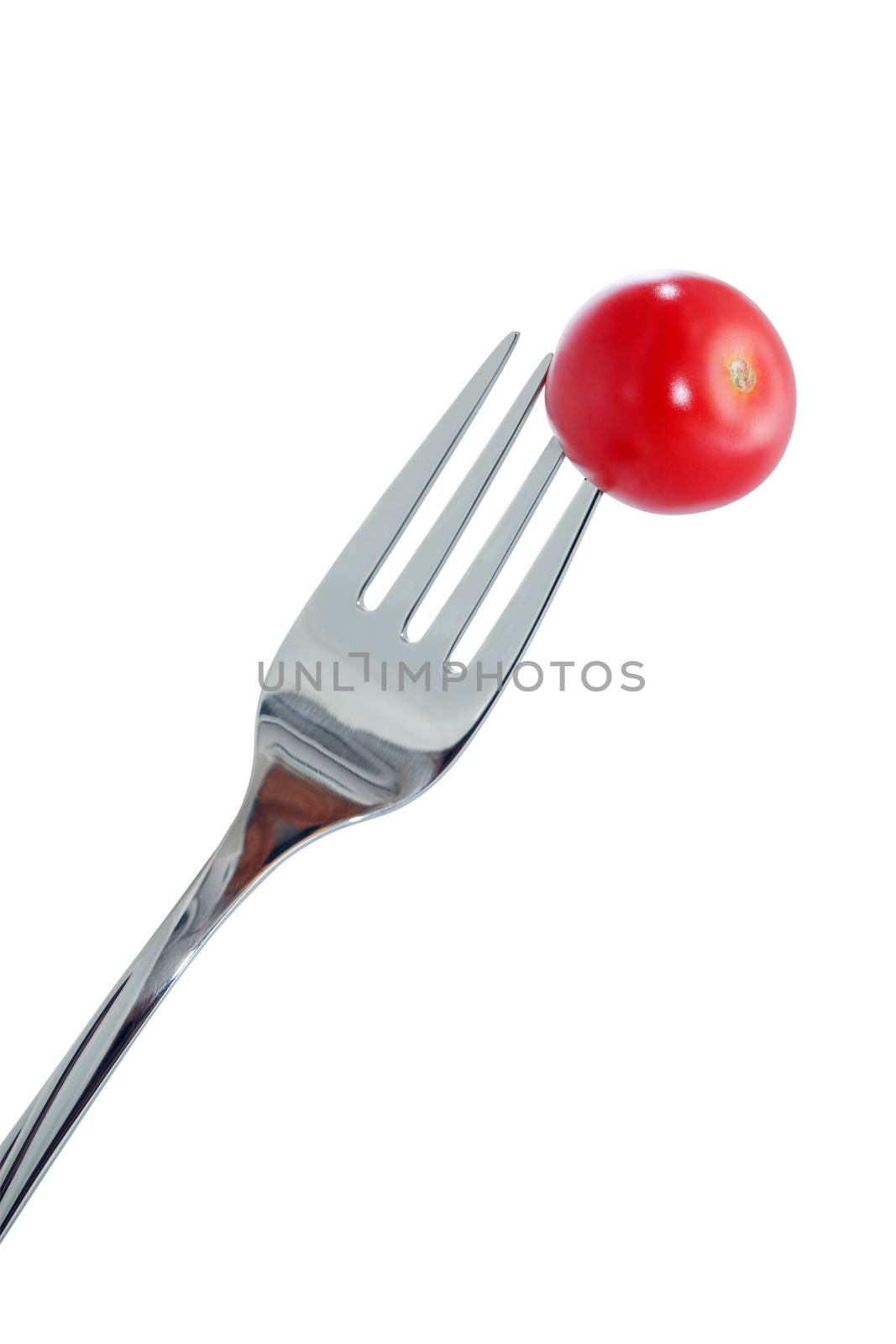 Cherry tomato on fork. Isolated on white with clipping path