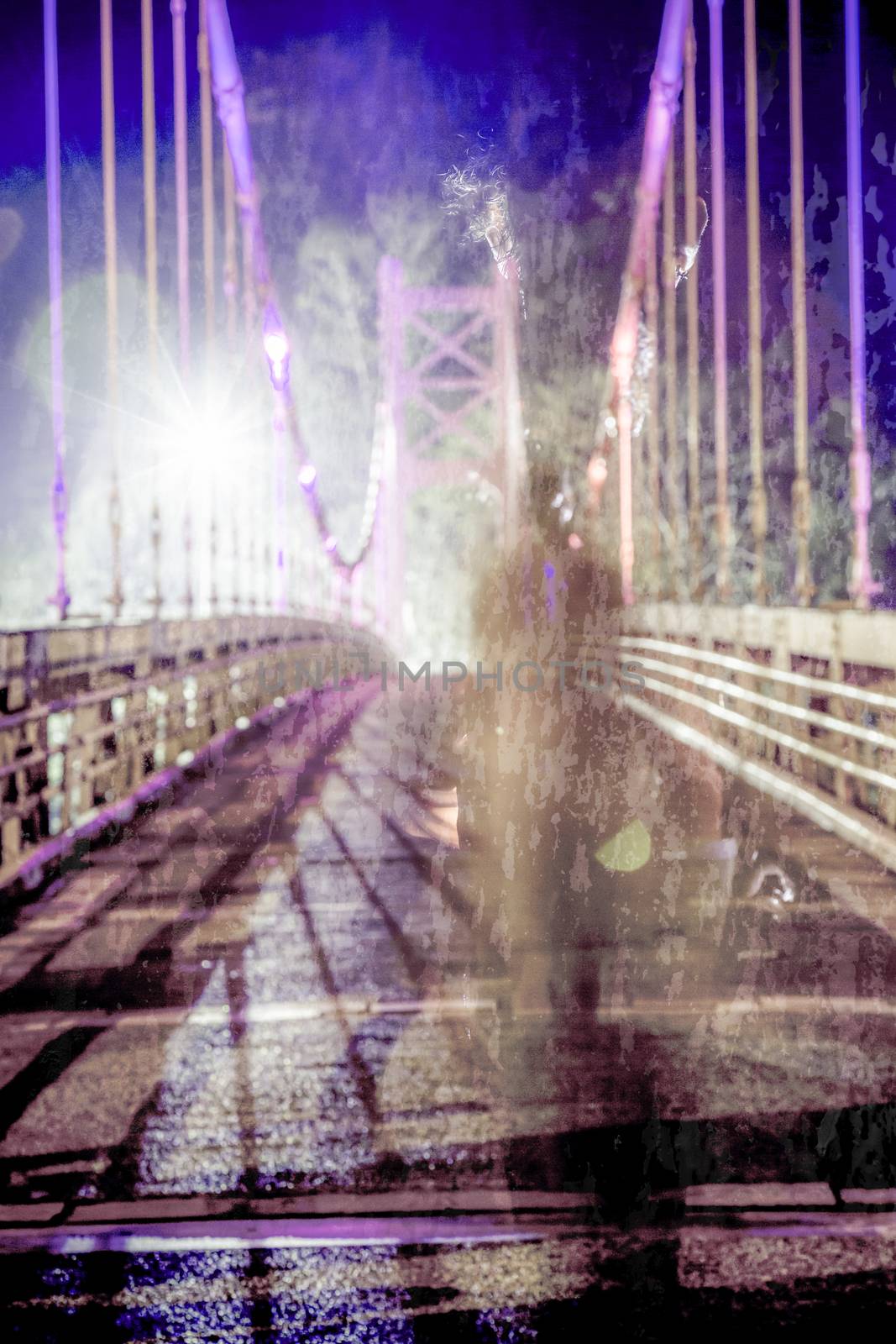 Non-descript ghostly male figure walking on bridge, defocused and texture applied