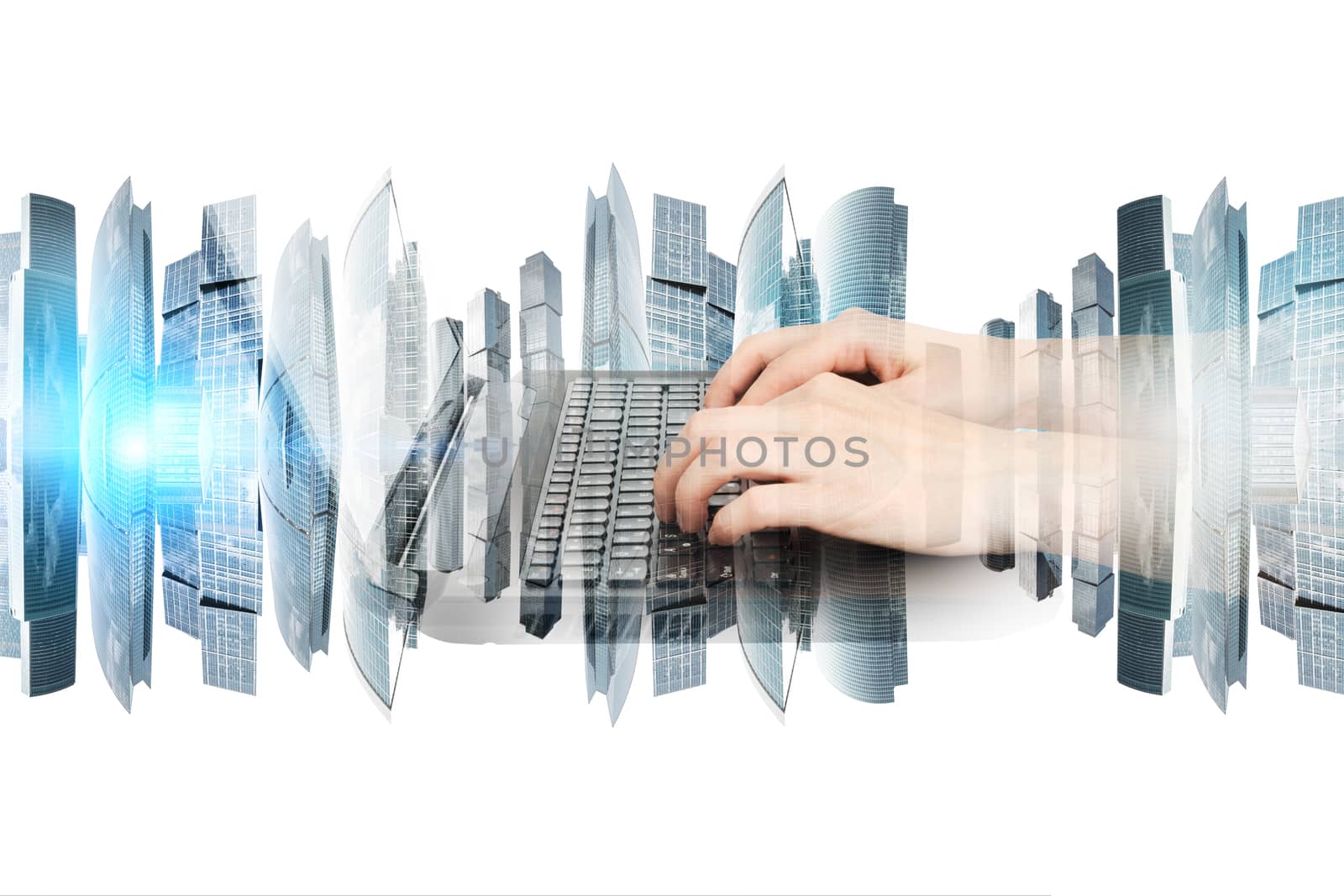 Womans hands with laptop and city on white background