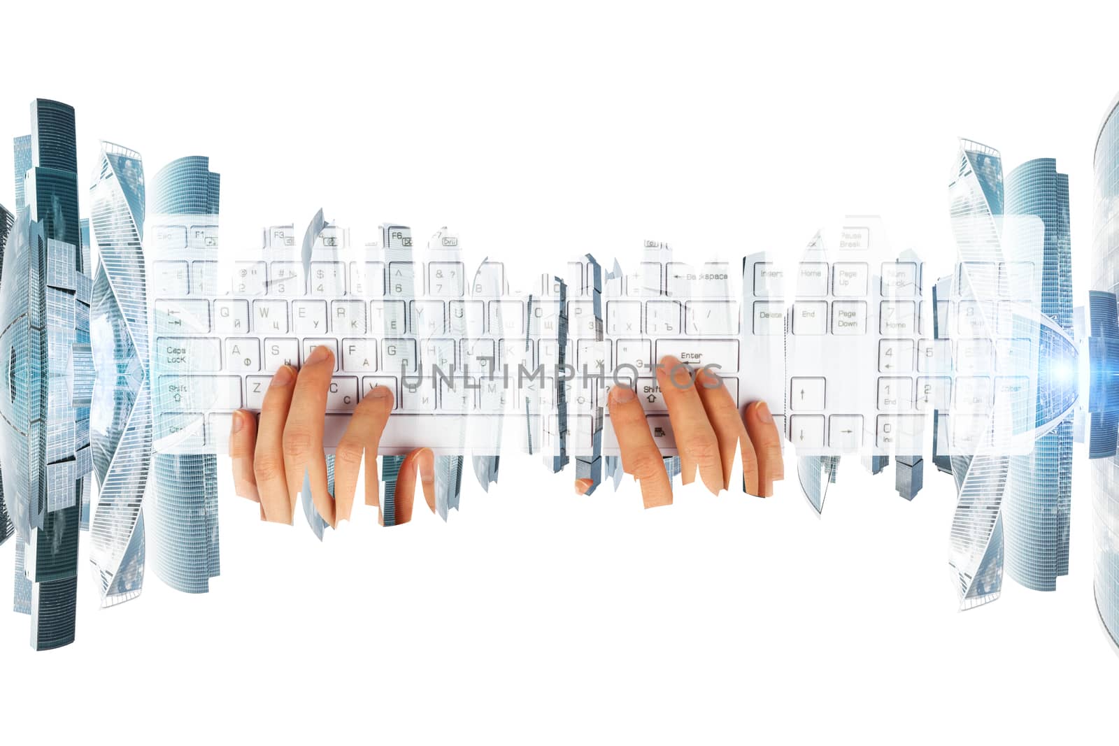 Womans hands with keyboard and city by cherezoff
