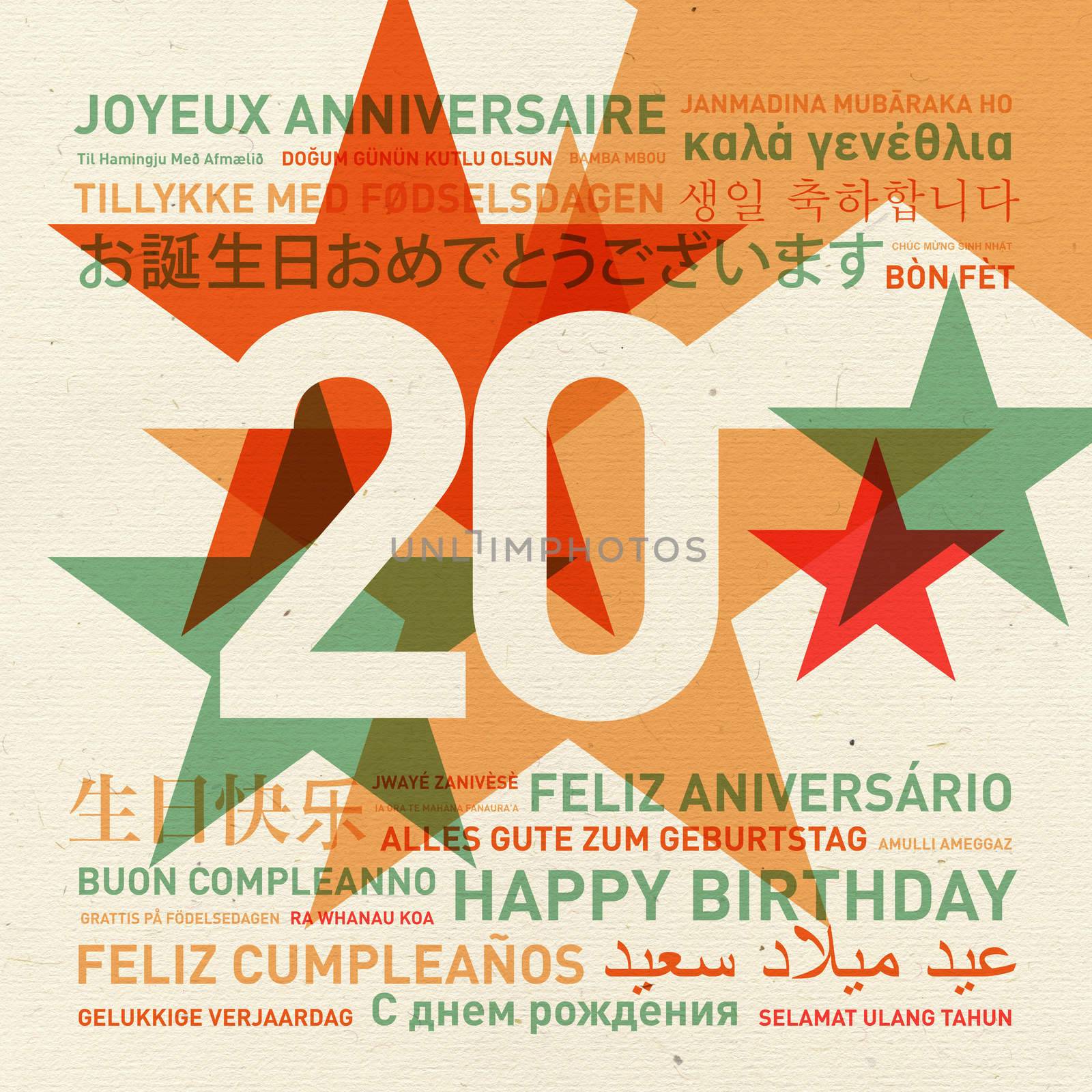 20th anniversary happy birthday from the world. Different languages celebration card