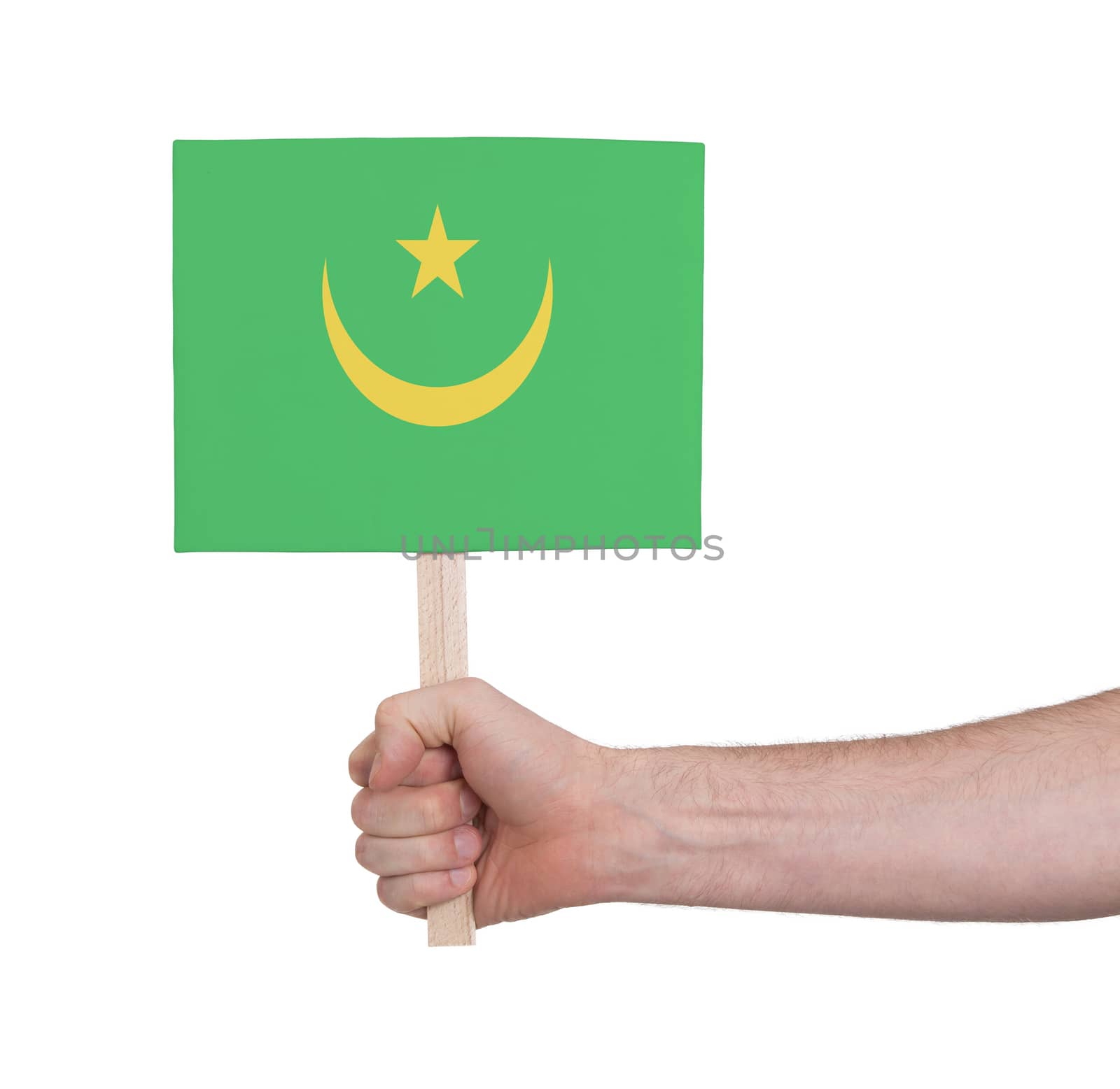 Hand holding small card, isolated on white - Flag of Mauritania