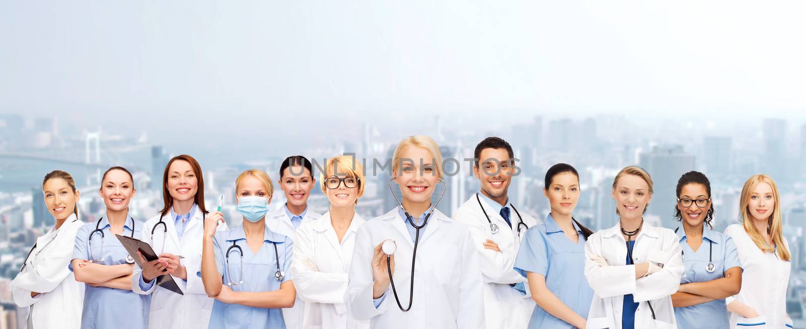 medicine and healthcare concept - team or group of female doctors and nurses