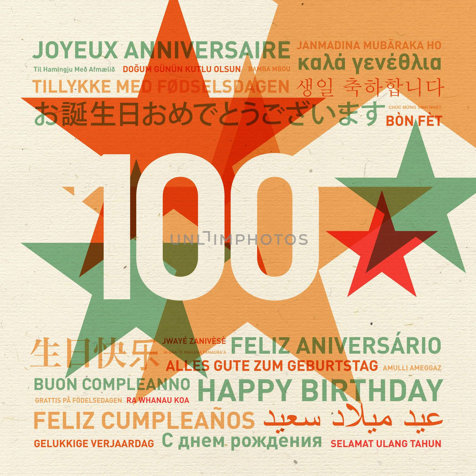 100th anniversary happy birthday from the world. Different languages celebration card