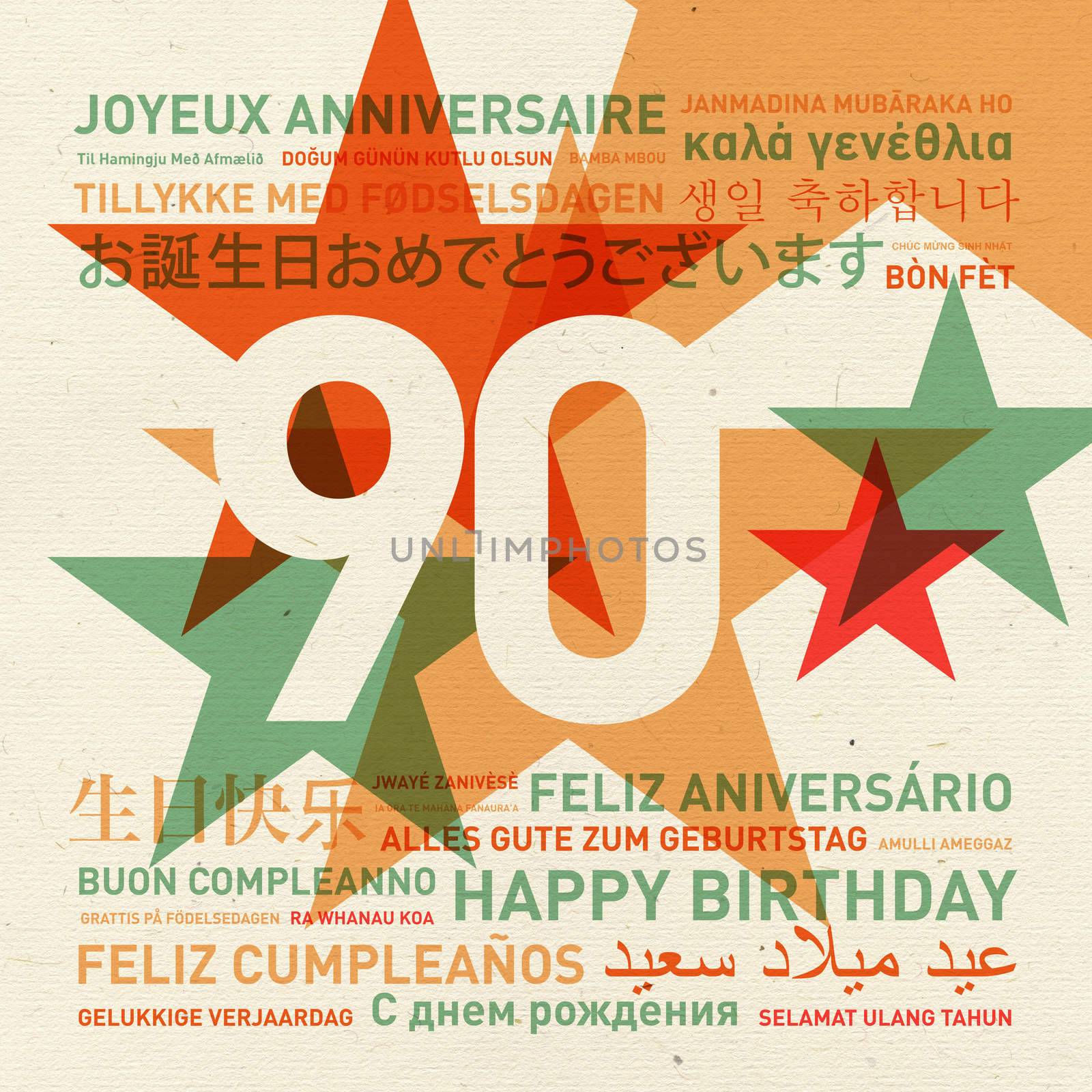 90th anniversary happy birthday from the world. Different languages celebration card