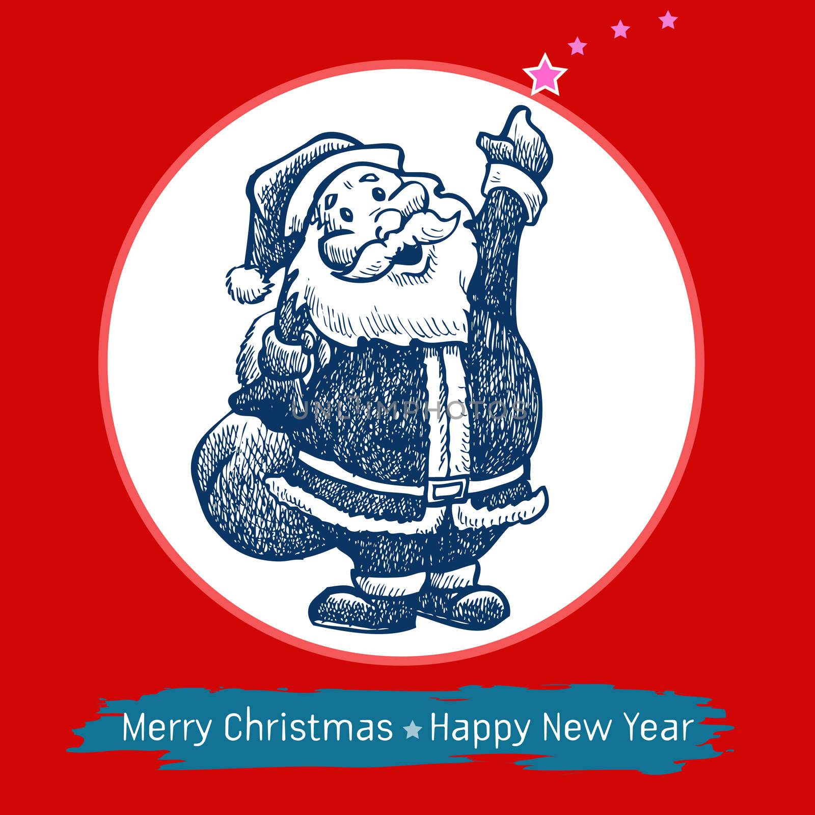 Santa Claus hand drawn in Christmas Greeting Card. Merry Christmas and Happy New Year lettering