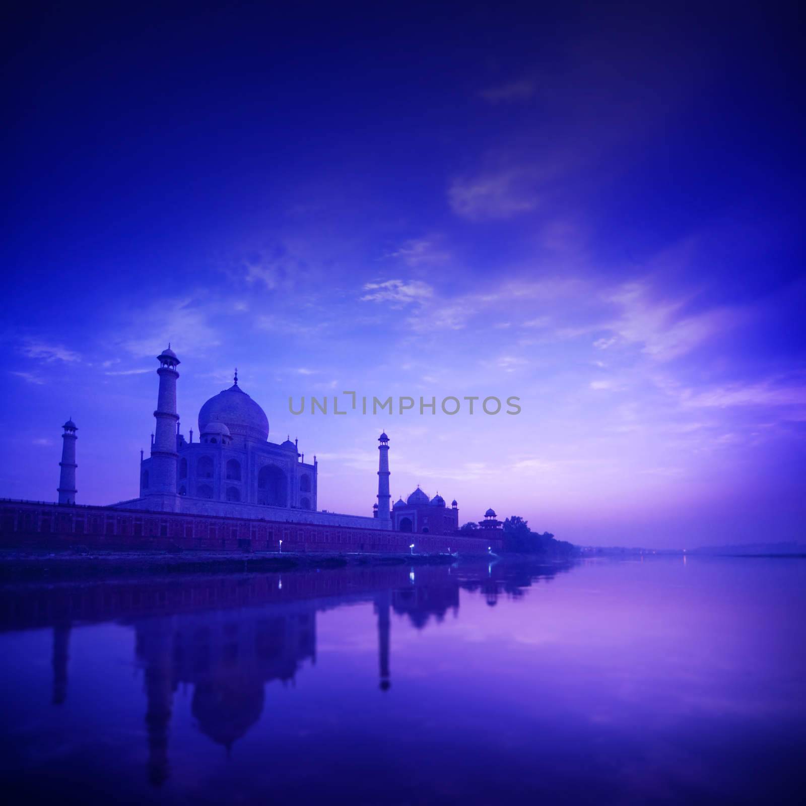 Taj Mahal in Agra, India in sunset, yamuna river view.