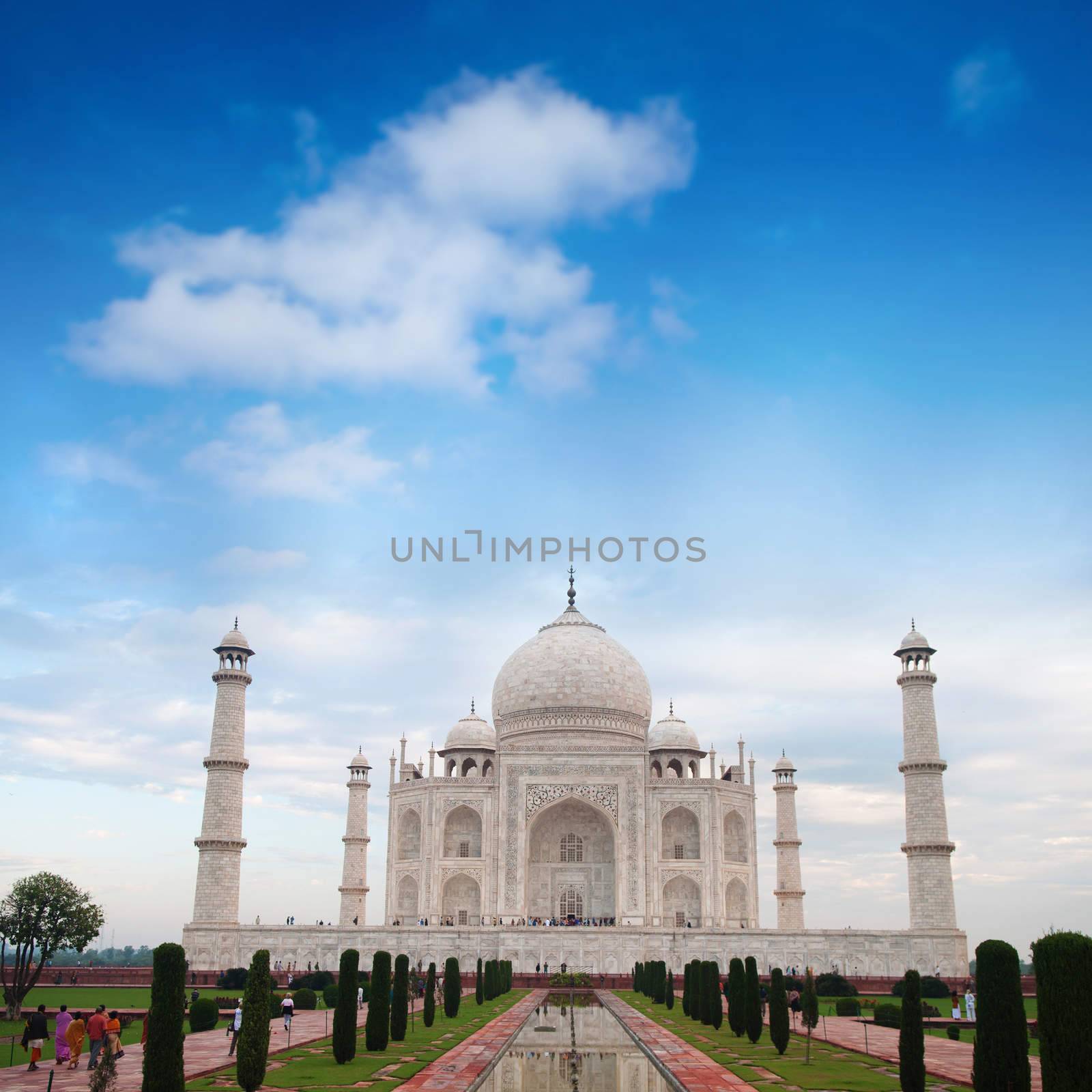 Front view Taj Mahal in Agra, India with blue sky.