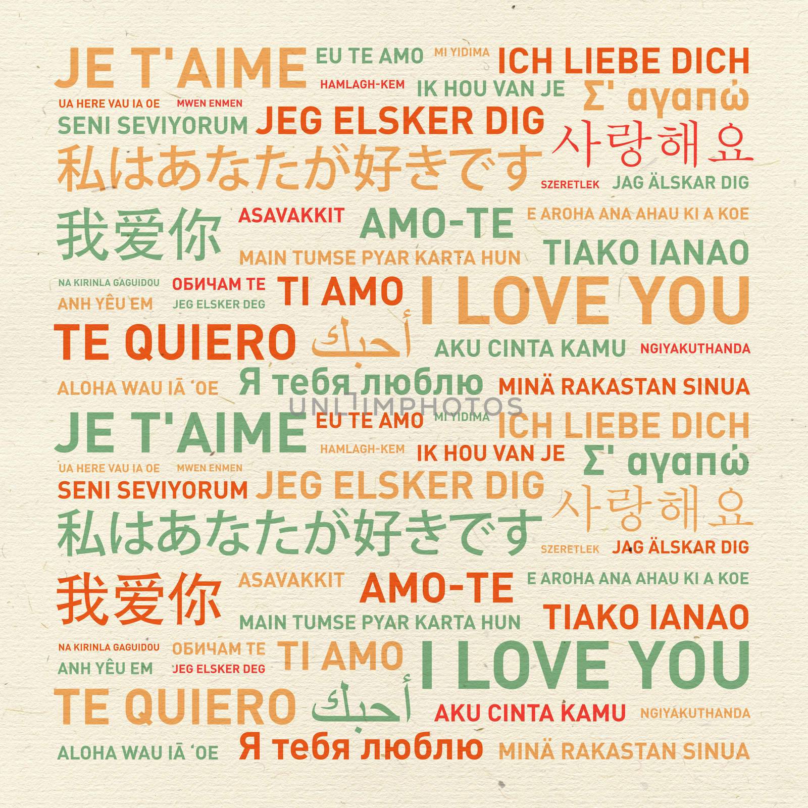 I love you message card translated in different world languages