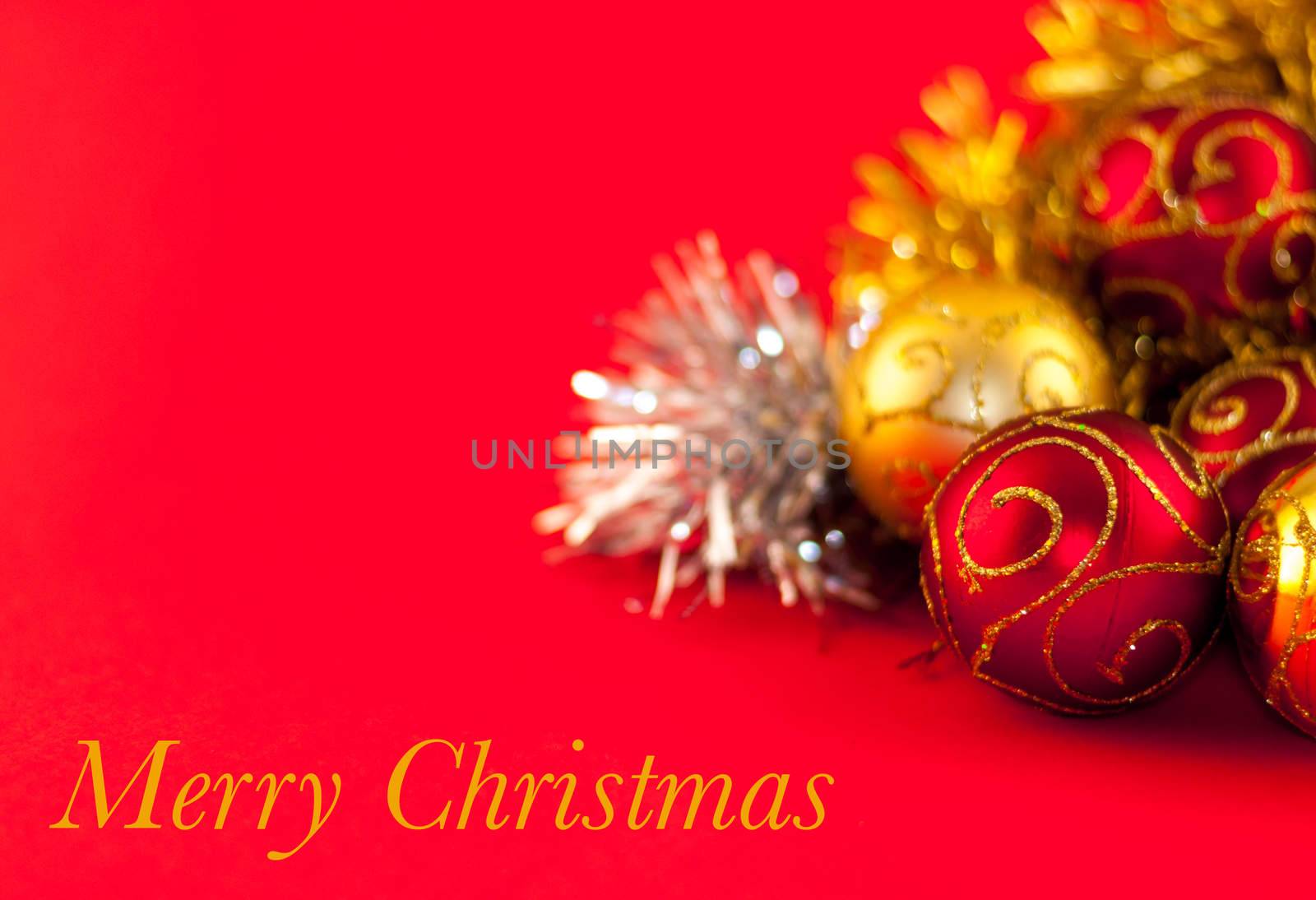 Christmas decoration, red gold and silver, on red background