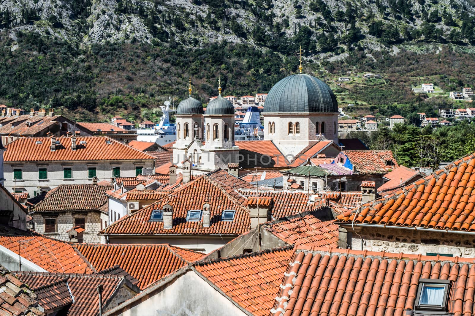 Interloper - Kotor old town roofs and a passenger vessel  by radzonimo