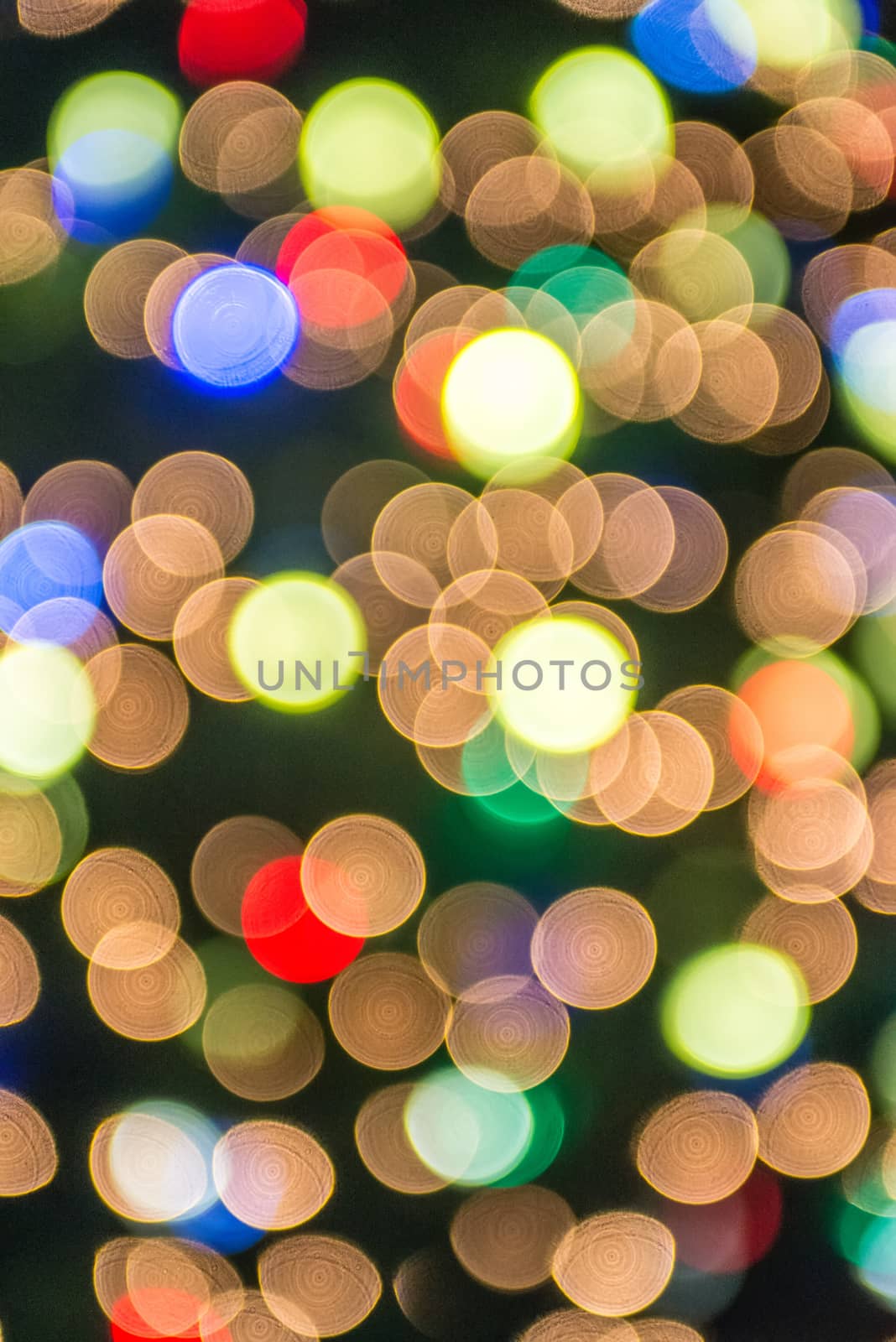 defocused christmas tree lights in a city background