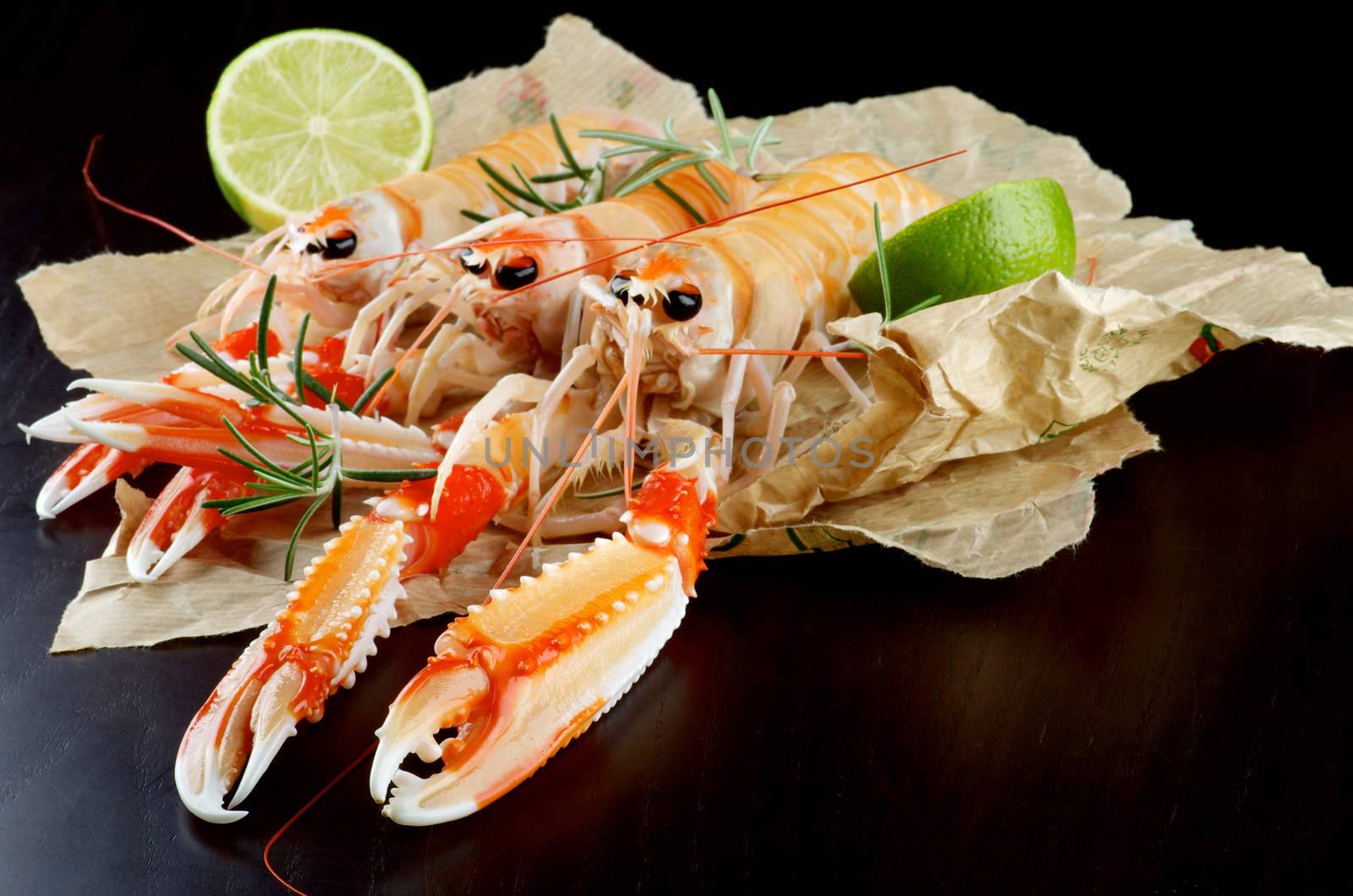 Delicious Raw Langoustines with Lime and Rosemary on Parchment Paper closeup on Dark background. Focus on Foreground