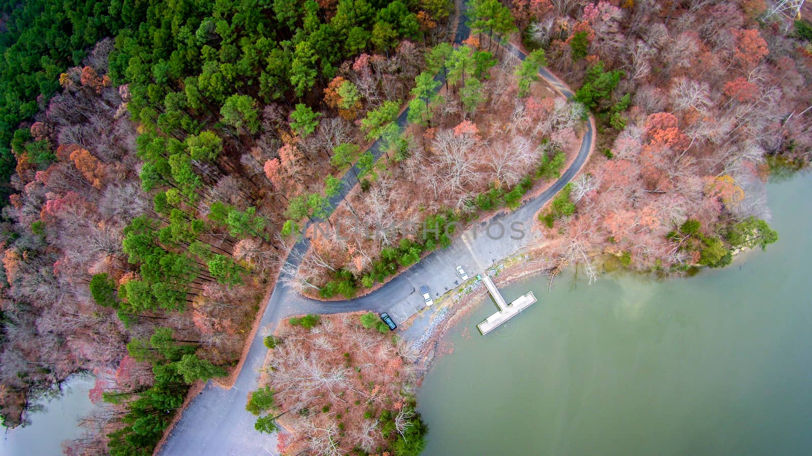 aerial view over lake wylie and boat marina