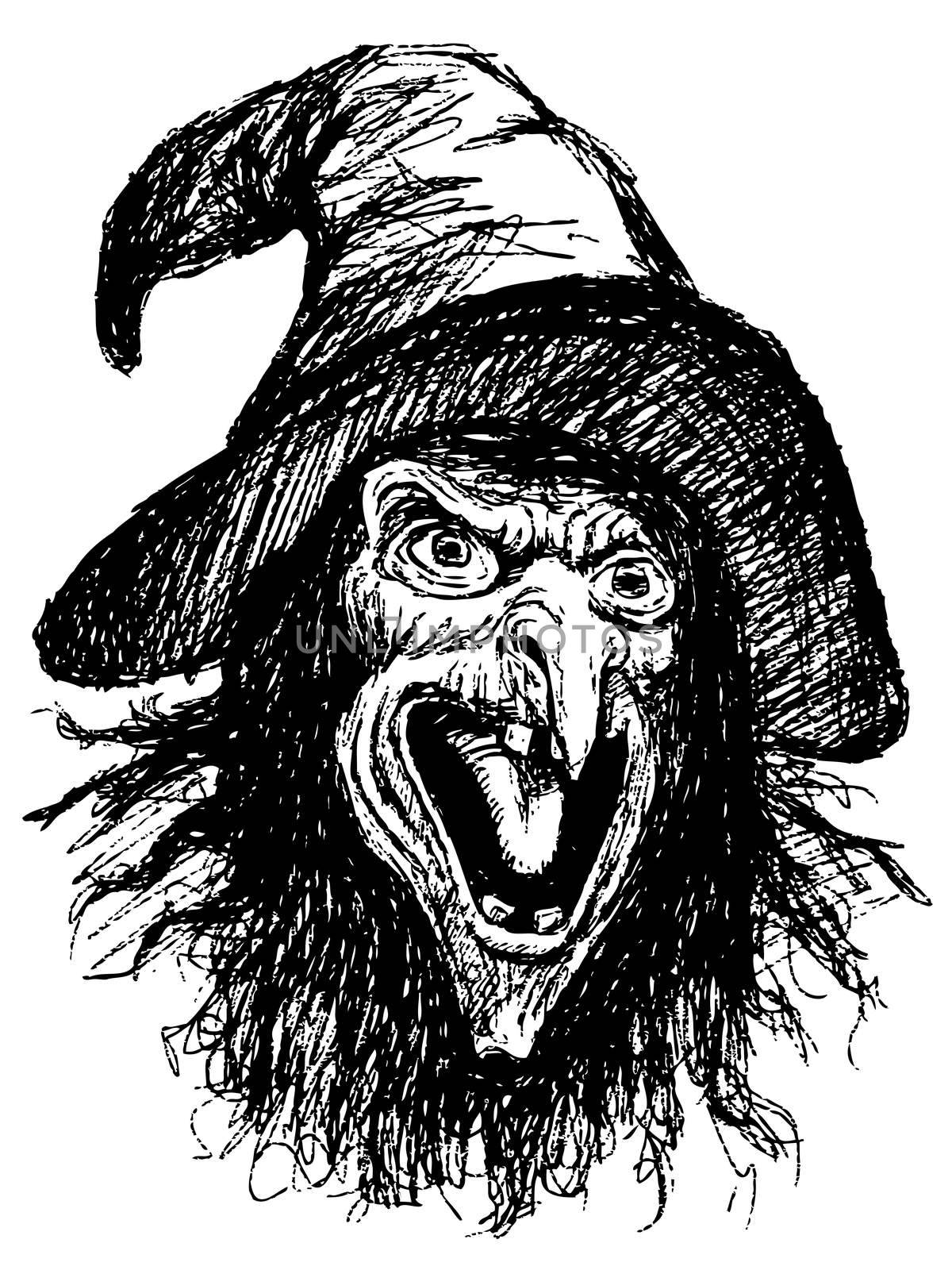 hand drawing of witch portrait with hat by pencil . made for Halloween day