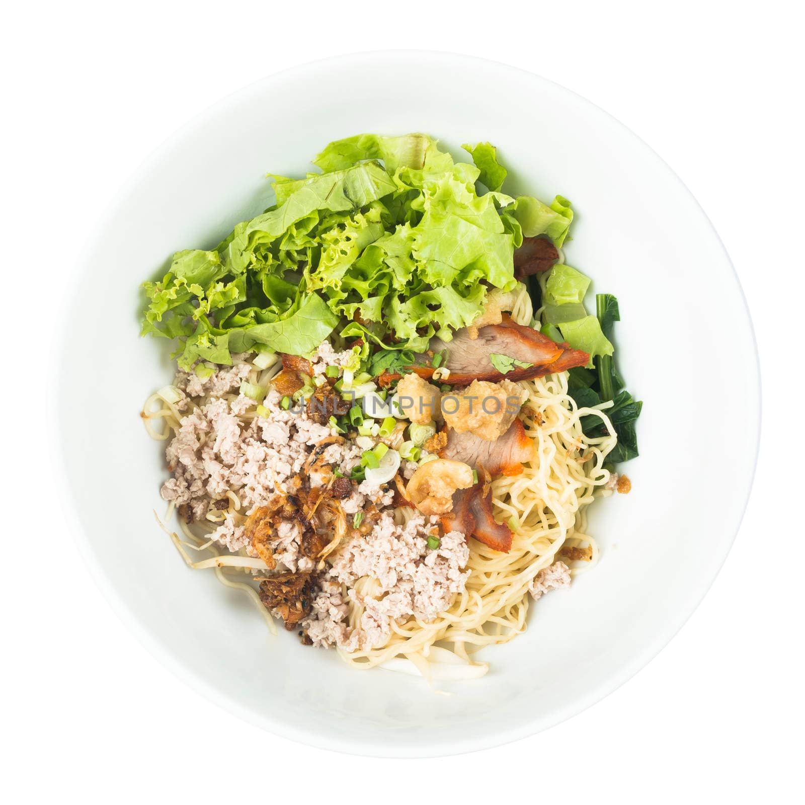 Egg rice noodles with red sliced pork and minced pork wihtout soup on white background