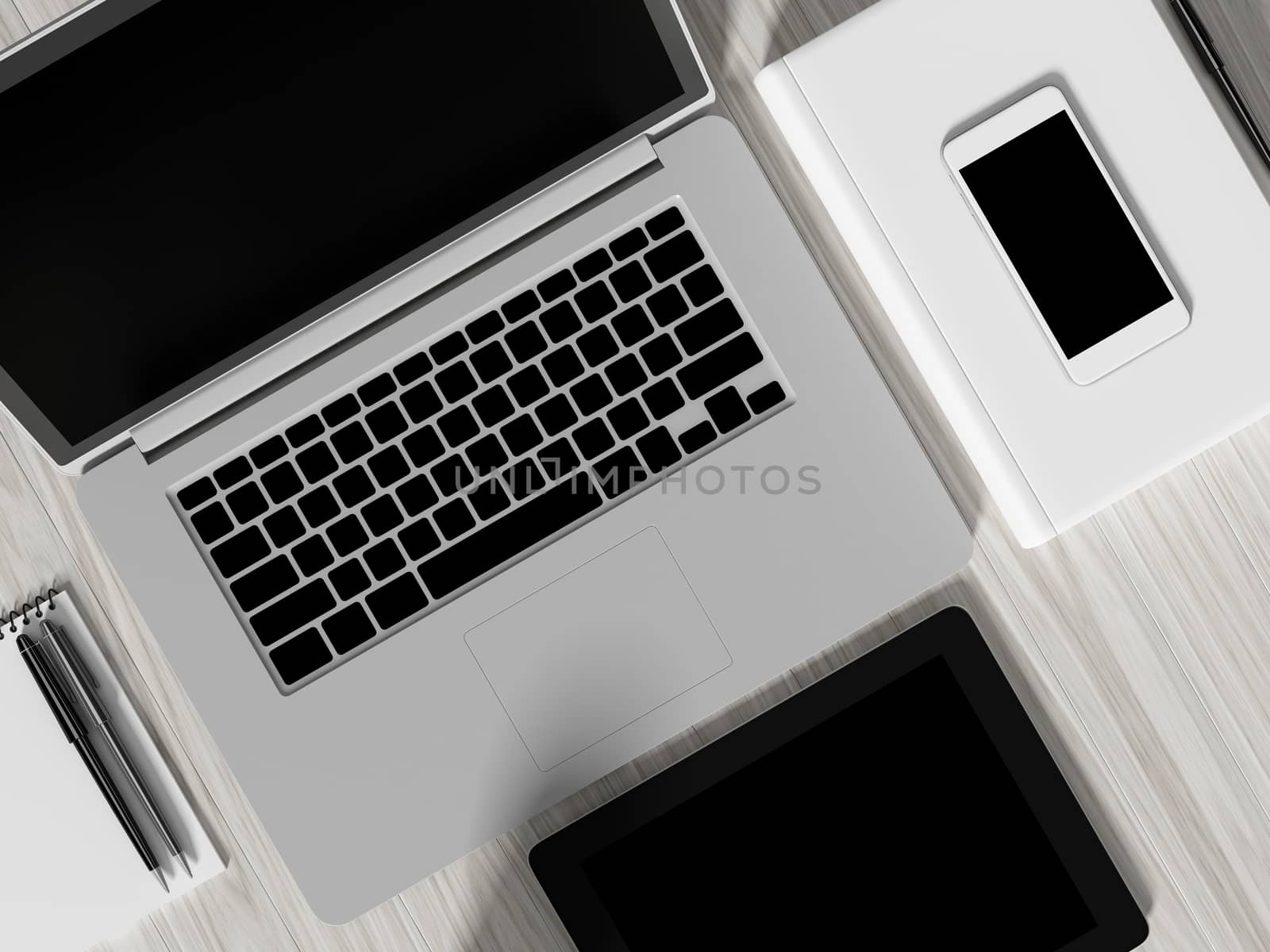 High angle view of a setting table of business workplace, shot in office, home work space