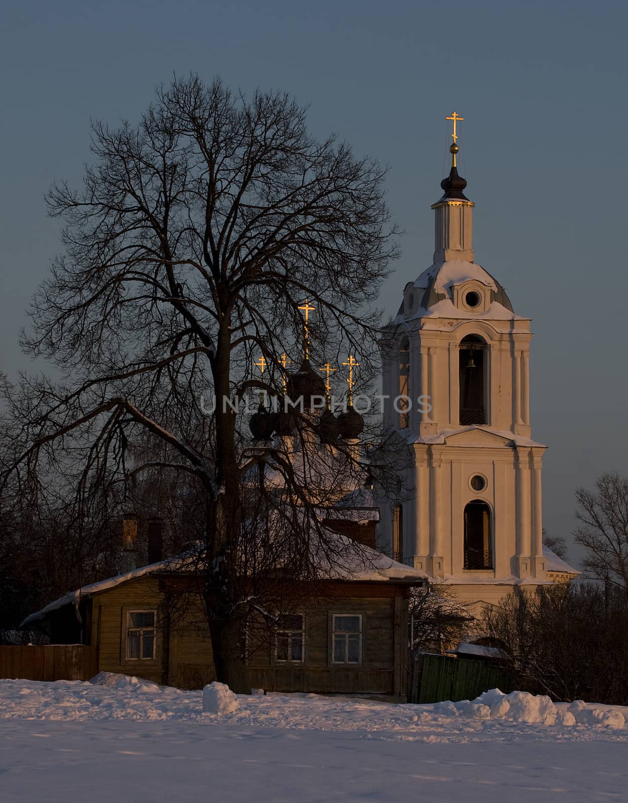 Old church in Kaluga winter sunset.