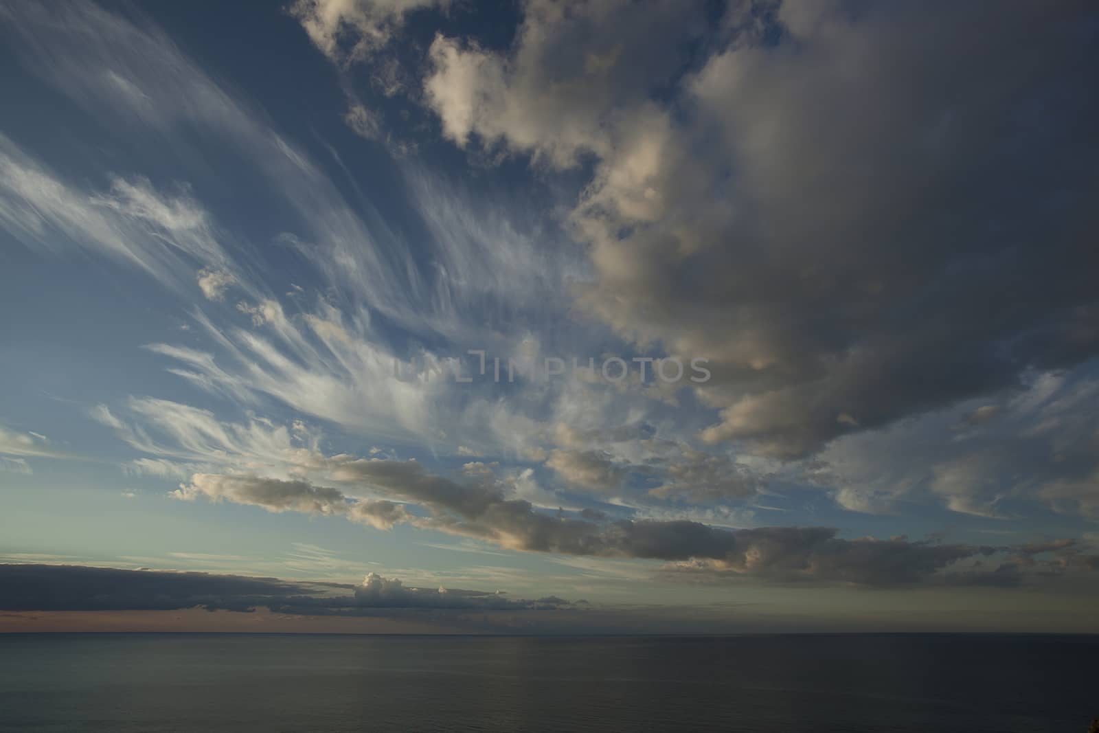 Panorama of clouds against the blue sky over the sea.