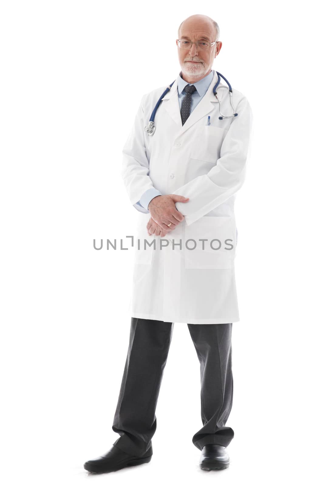 Full length portrait of a mature doctor isolated on white background