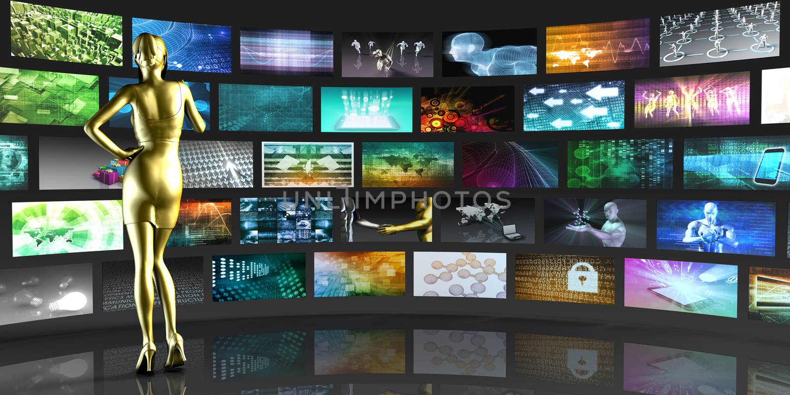 Woman Viewing Video Displays on Black Background Art