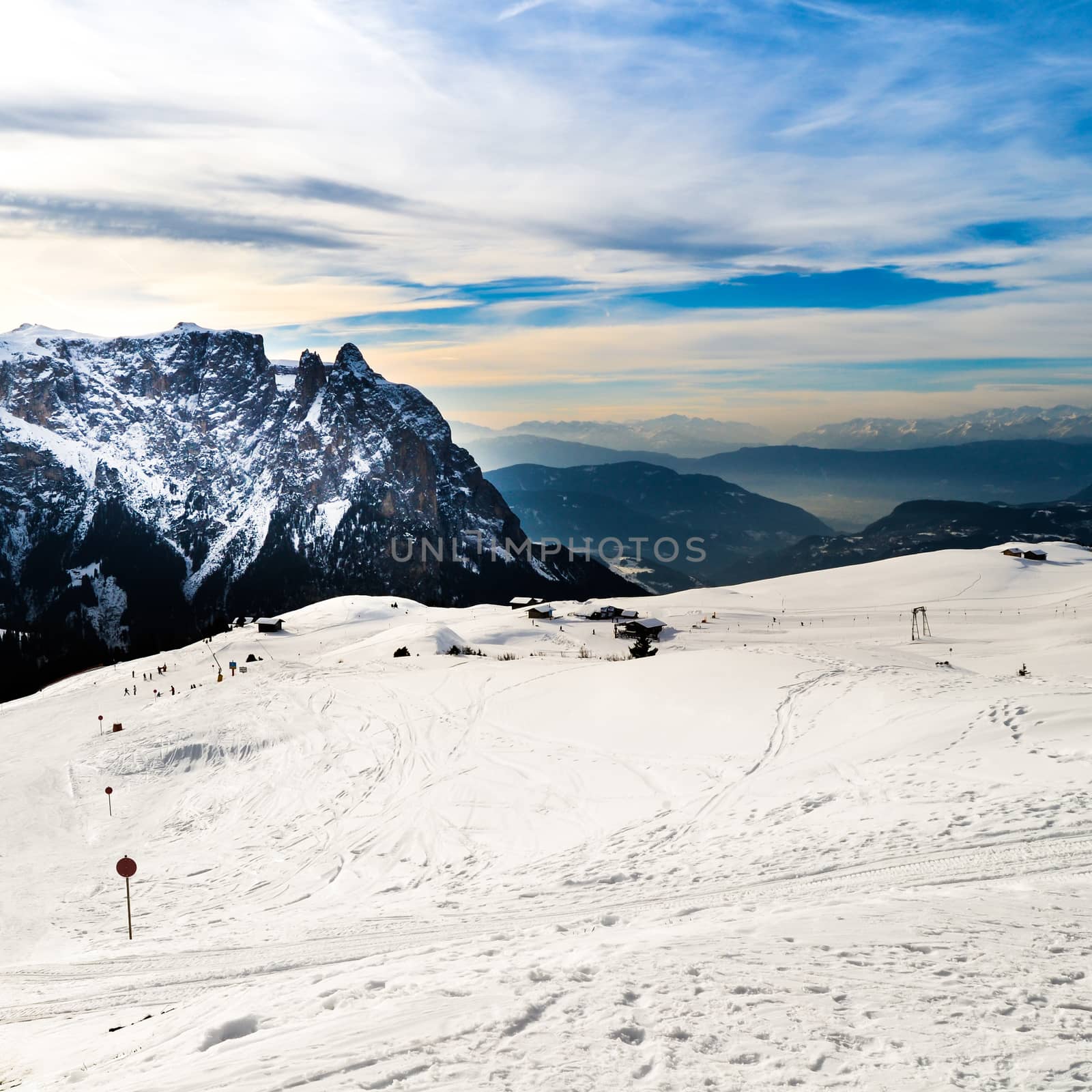 Ski slopes covered with snow on the Italian Alps.