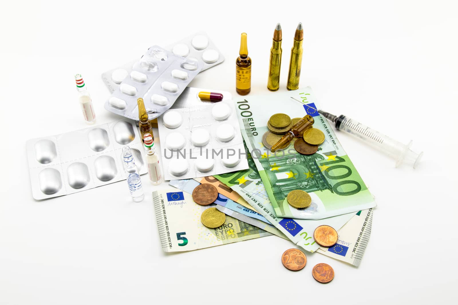 composition with euros, bullets, drugs on white background