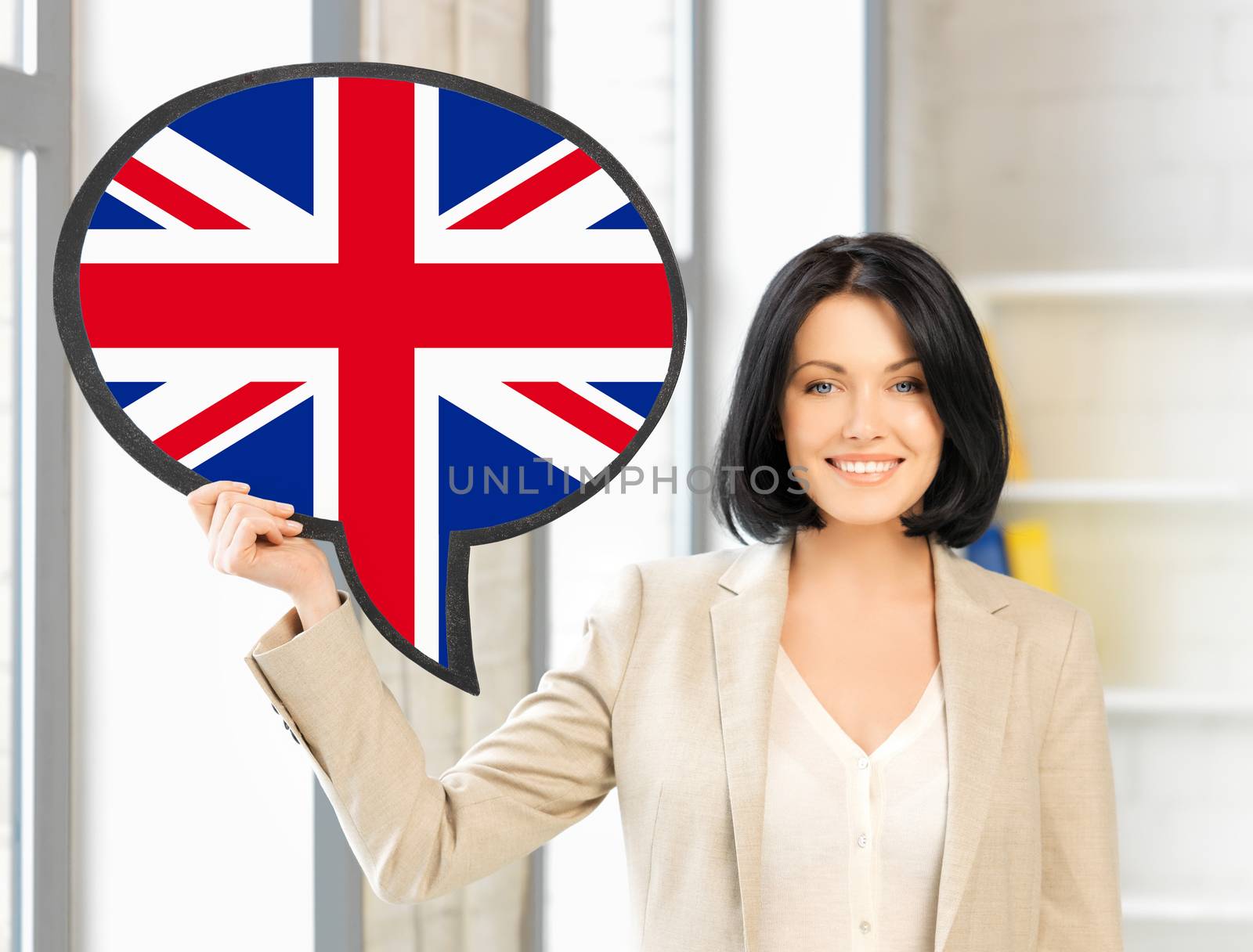 smiling woman with text bubble of british flag by dolgachov