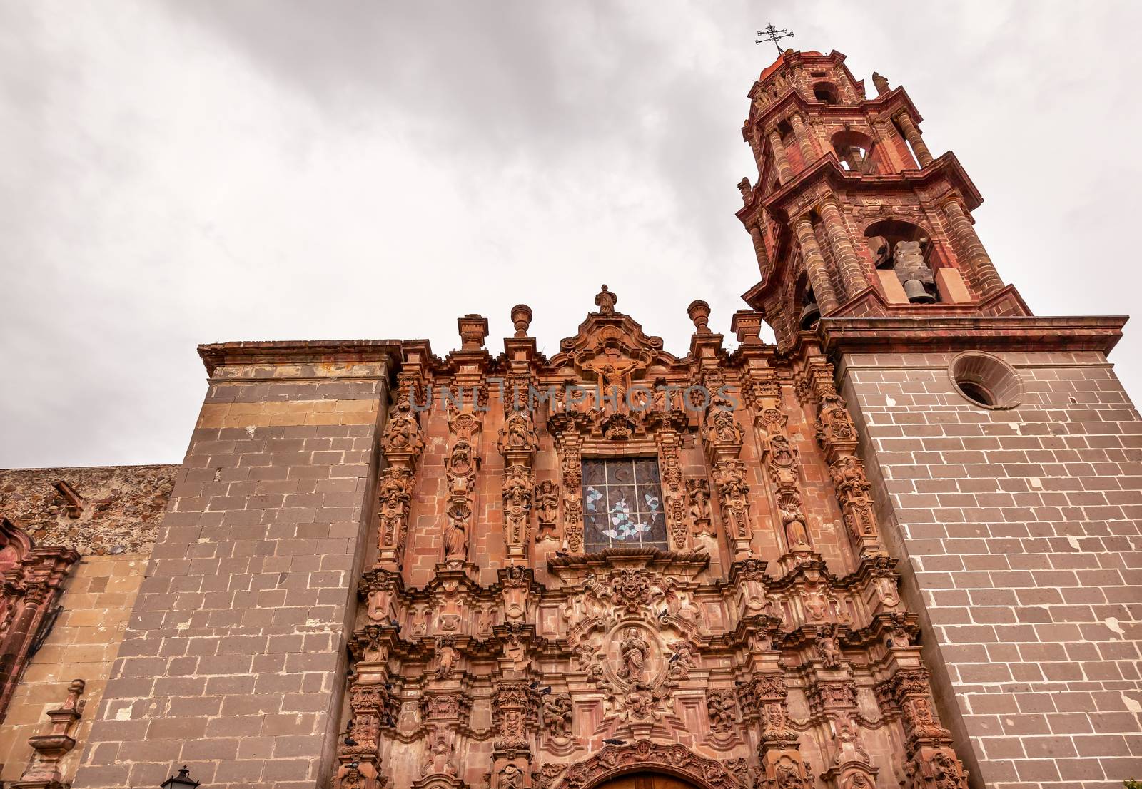 Templo de San Francisco Facade Church San Miguel de Allende, Mexico. San Francisco Church was created in 1778.  The facade is Churrigueresque, Spanish baroque, style with stone statues.

