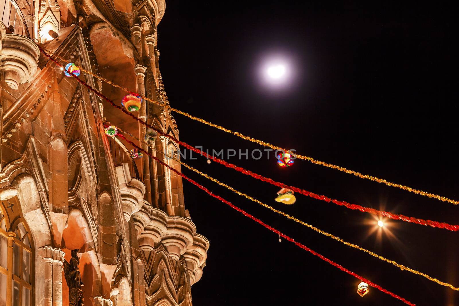 Facade Night Moon Parroquia Christmas Church San Miguel de Allende by bill_perry