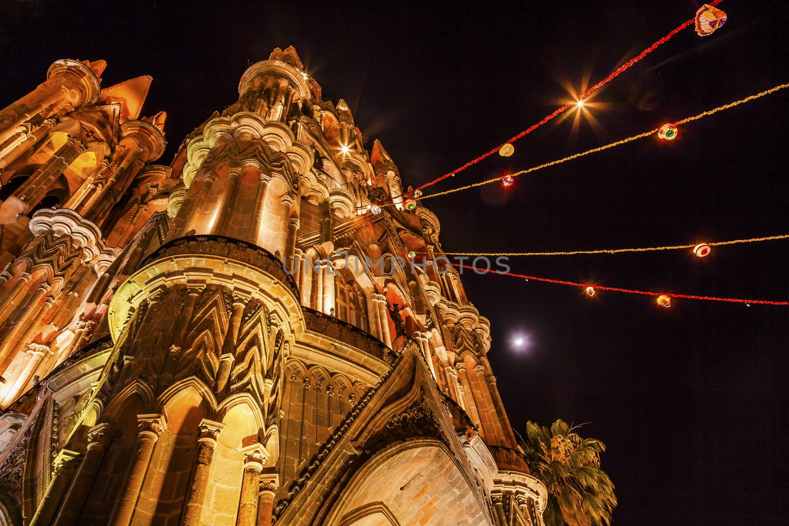 Facade Night Moon Parroquia Christmas Church San Miguel de Allende by bill_perry