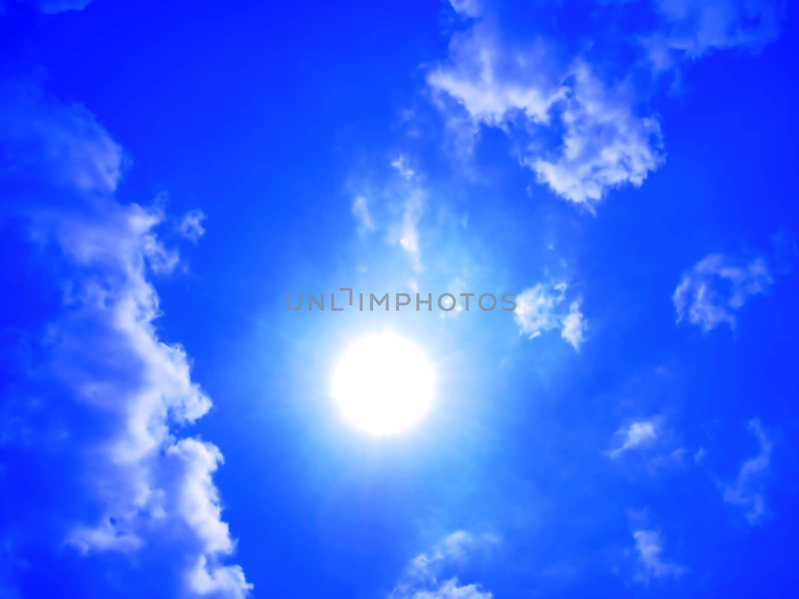 the blue sky with clouds and sun.