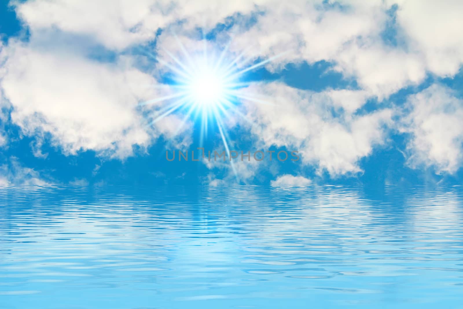 Peaceful background - bright sun, blue sky, white clouds - heaven 
