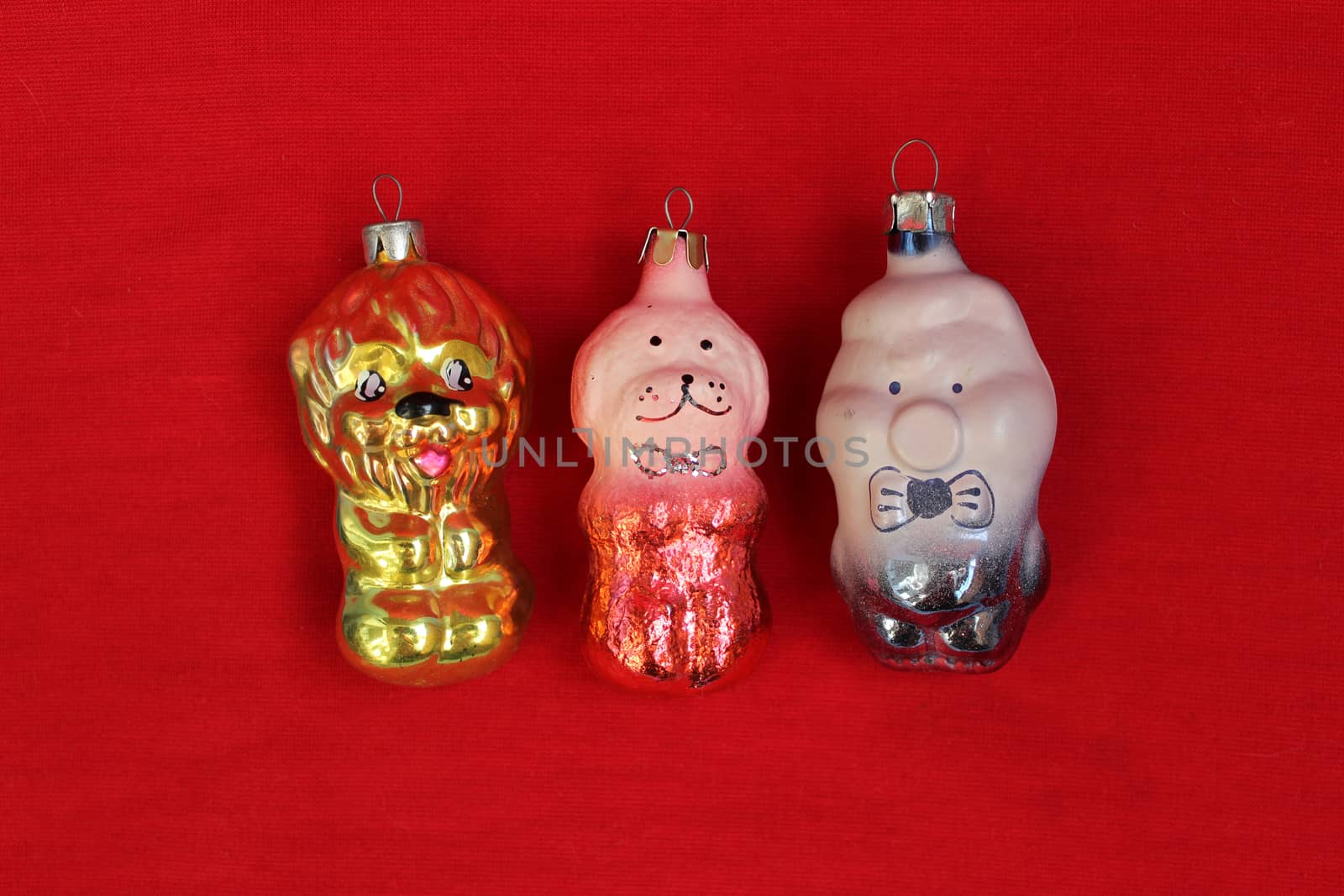 antique Christmas decorations on a red background for decoration Christmas tree