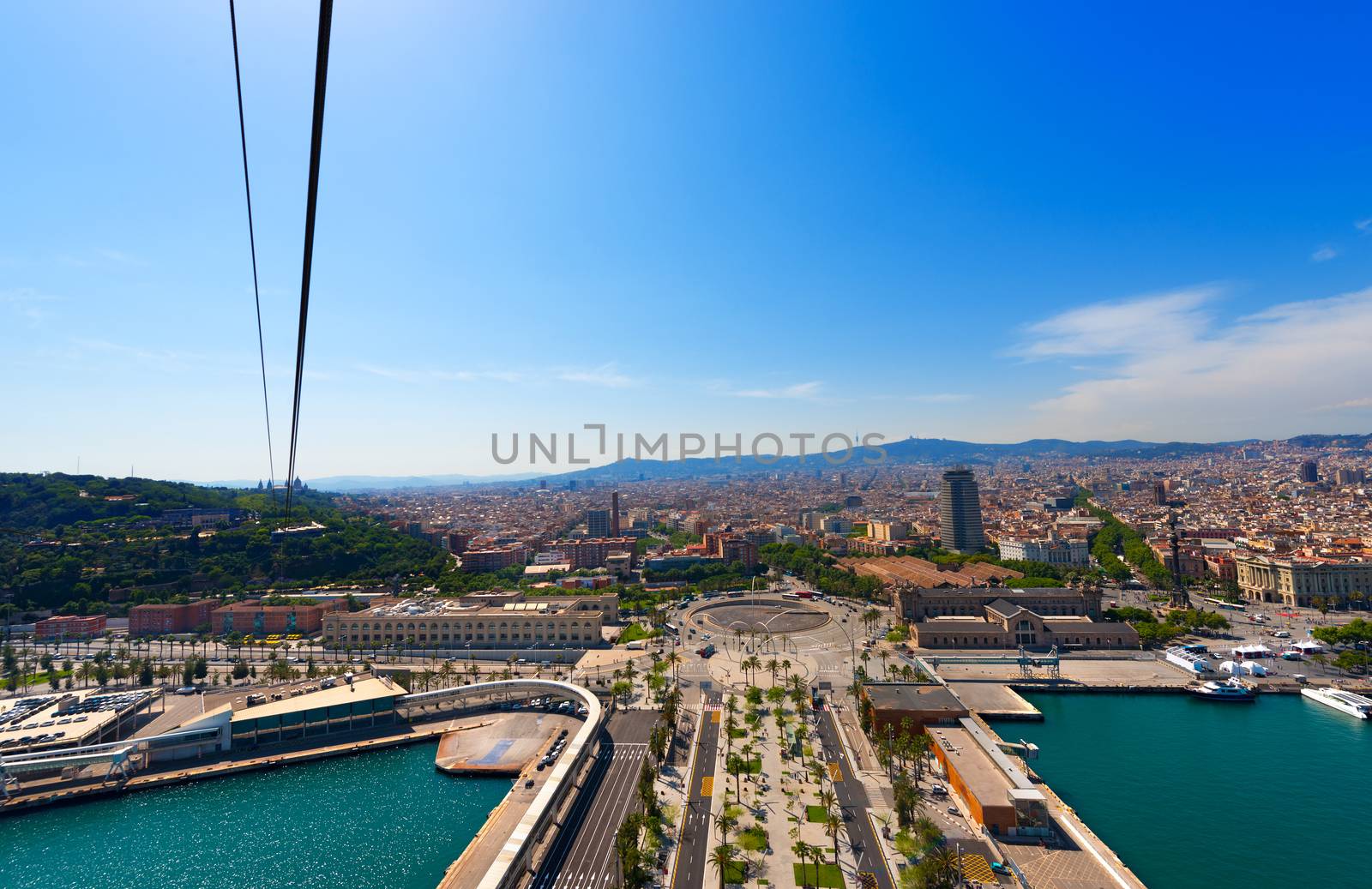 Aerial view of the harbor district in Barcelona, Spain. Seen from the cable car of the Montjuic hill